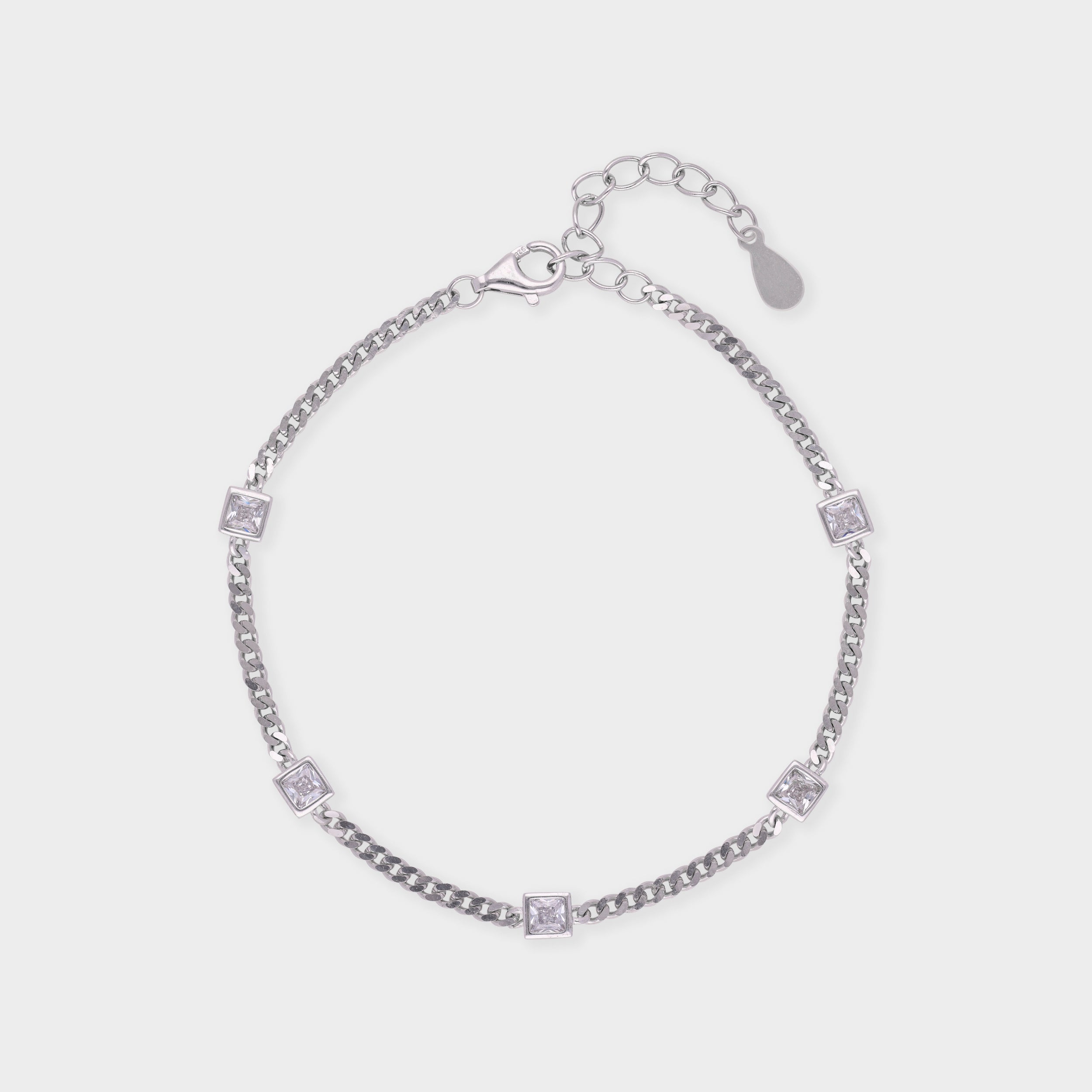 Sleek Box Chain Bracelet with Princess-Cut Stone Accents in Silver Tone | SKU : 0021525827