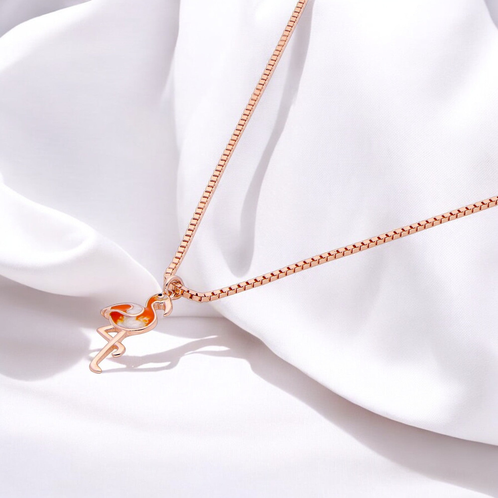 Tropical Flamingo Pendant Necklace in Rose Tone with Enamel Accents | SKU : 0021525834, 0003630914, 0021546440
