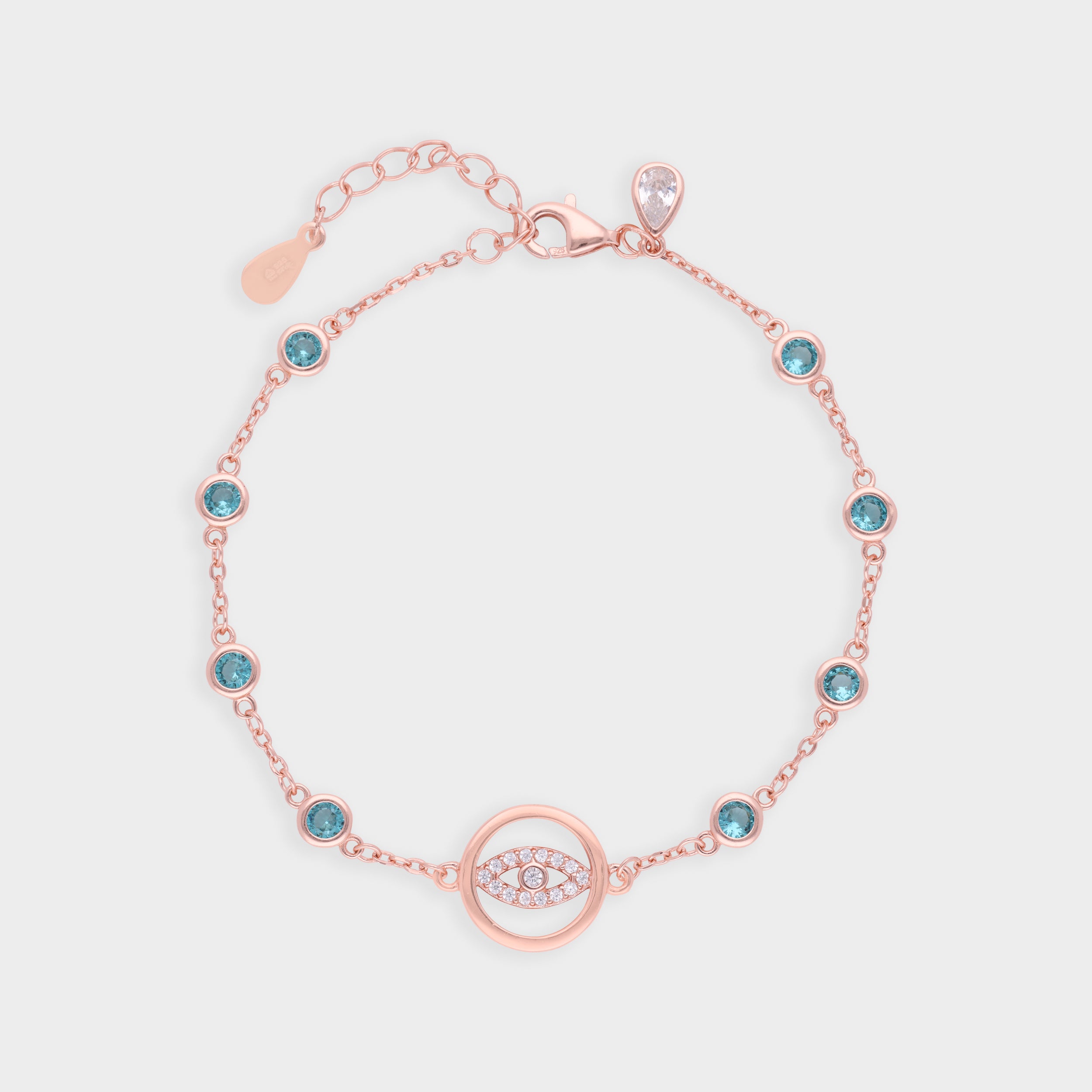 Dazzling Evil Eye Bracelet with Blue Crystal Stations in Silver and Rose Finish | SKU : 0021546044, 0021546051, 0021546068, 0021546037