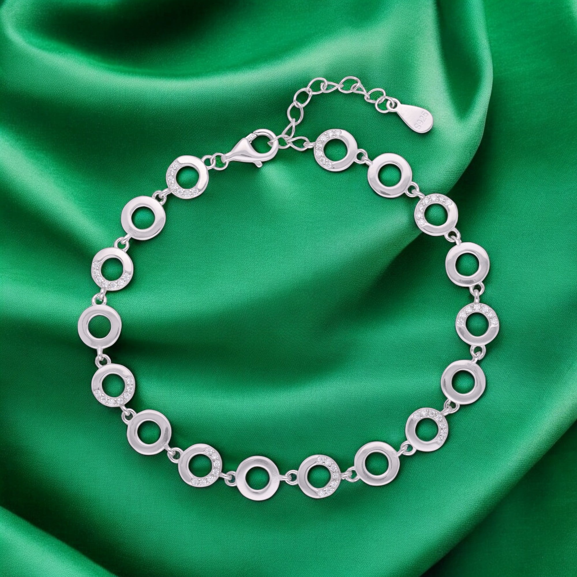 Silver-Toned Linked Open Circle Bracelet with Pavé Accents and Textured Detailing | SKU :  0021546075, 0021546082