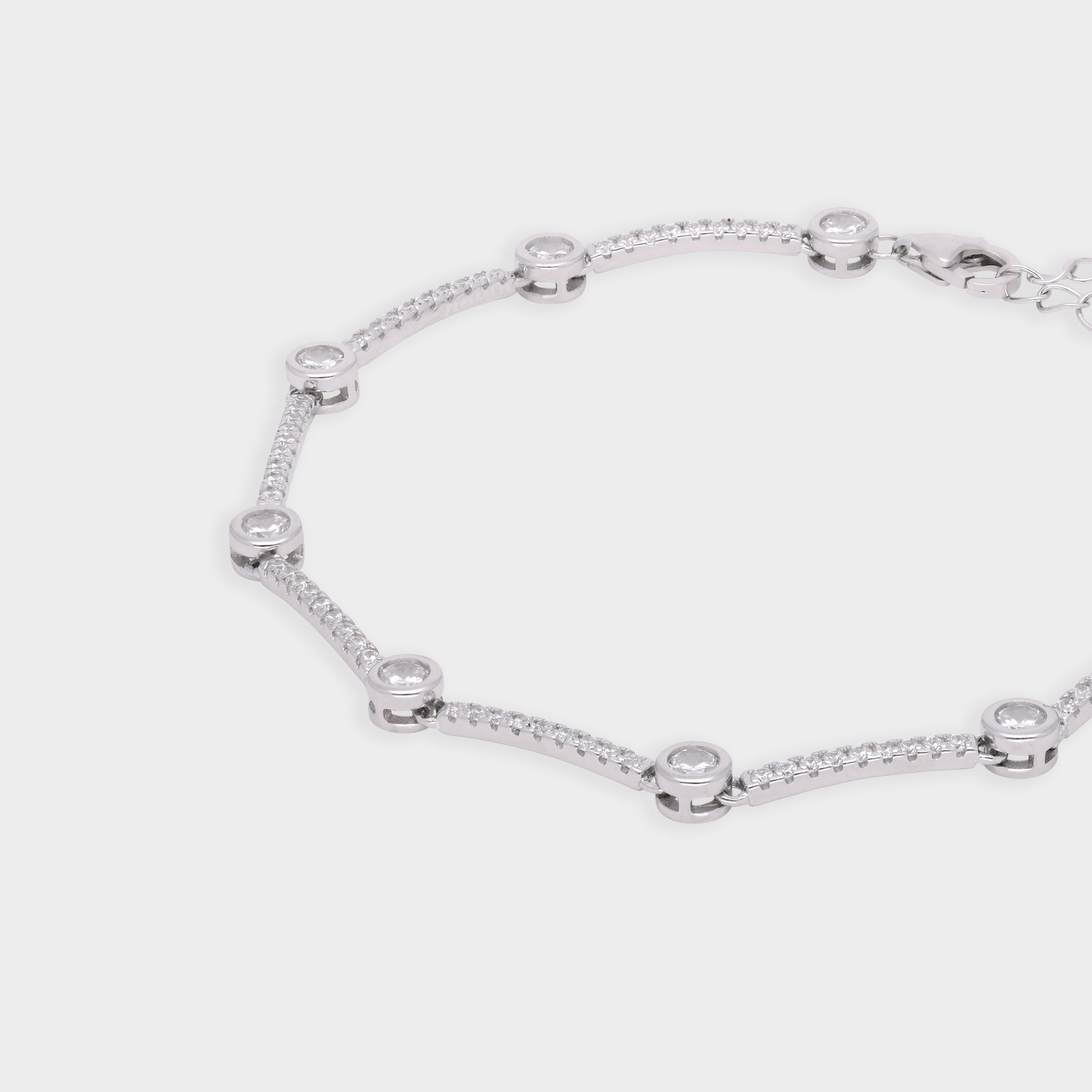 Silver-Toned Tennis-Inspired Bracelet with Bezel-Set Round Stones and Pavé Links | SKU : 0021546525, 0021546518
