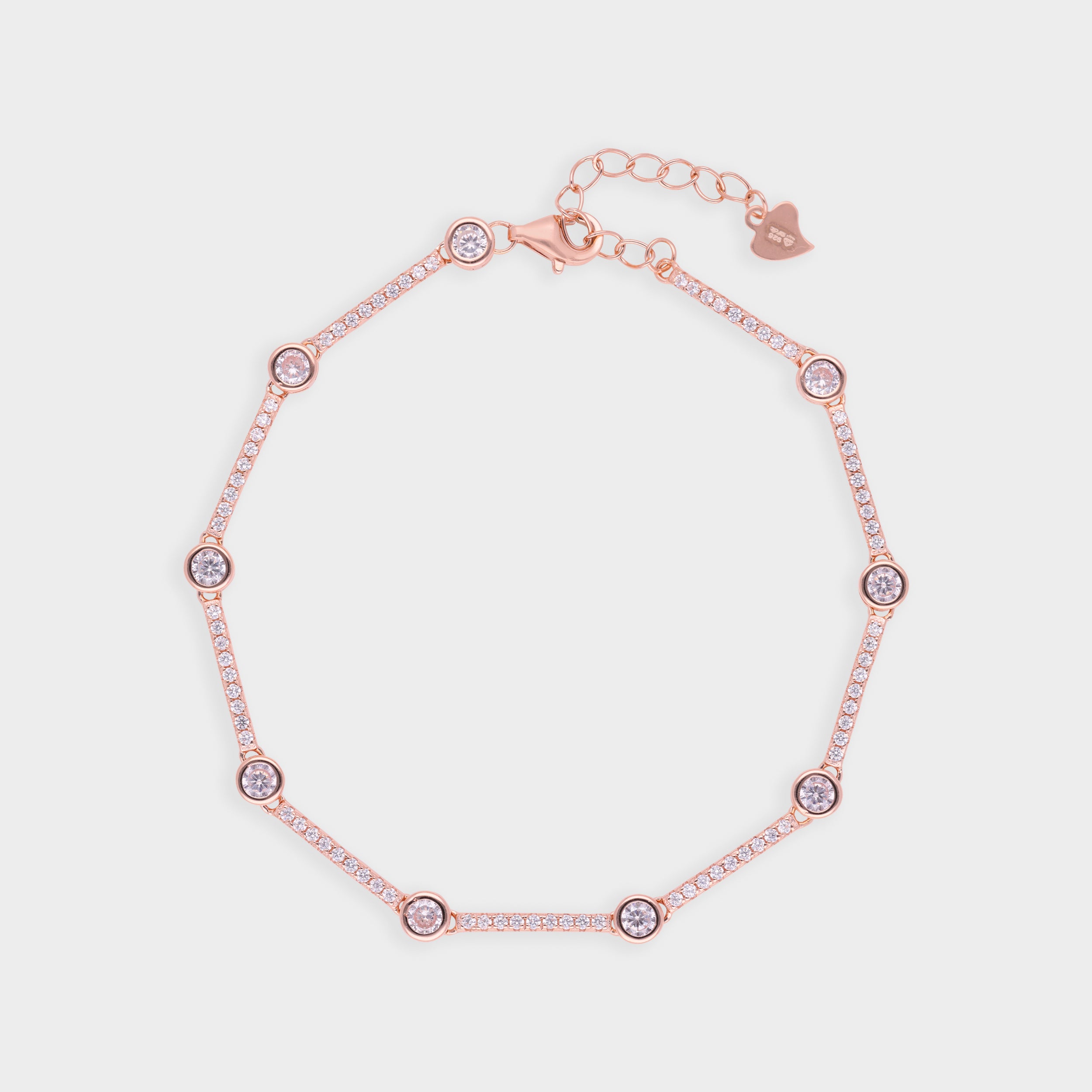Rose-Toned Tennis-Style Bracelet with Bezel-Set Sparkling Stones and Pavé Link Detailing | SKU : 0003630945, 0021546532