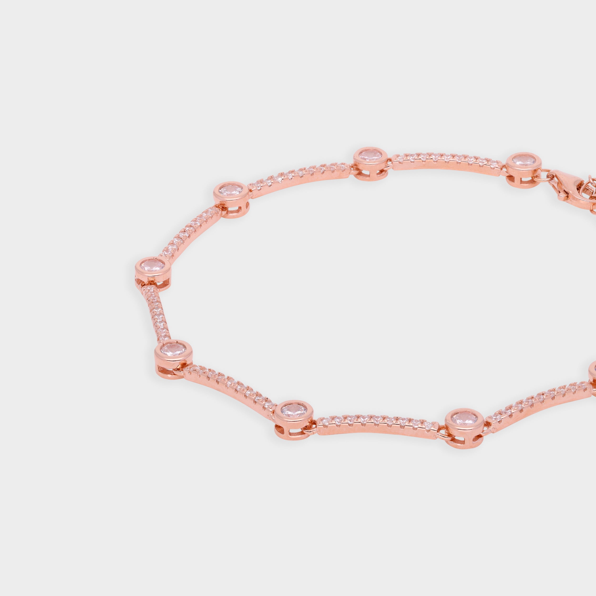 Rose-Toned Tennis-Style Bracelet with Bezel-Set Sparkling Stones and Pavé Link Detailing | SKU : 0003630945, 0021546532