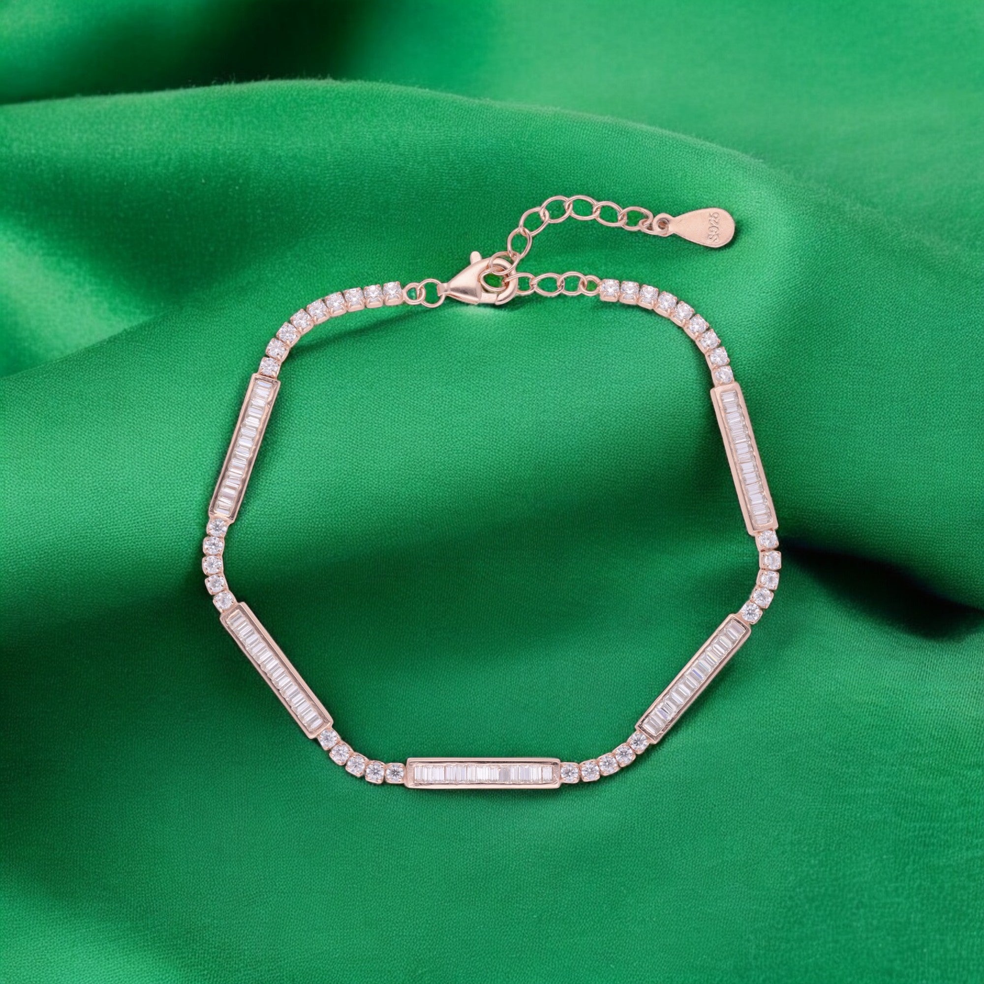 Rose-Toned Bracelet with Alternating Baguette and Round-Cut Stone Segments | SKU : 0021546631, 0021546624