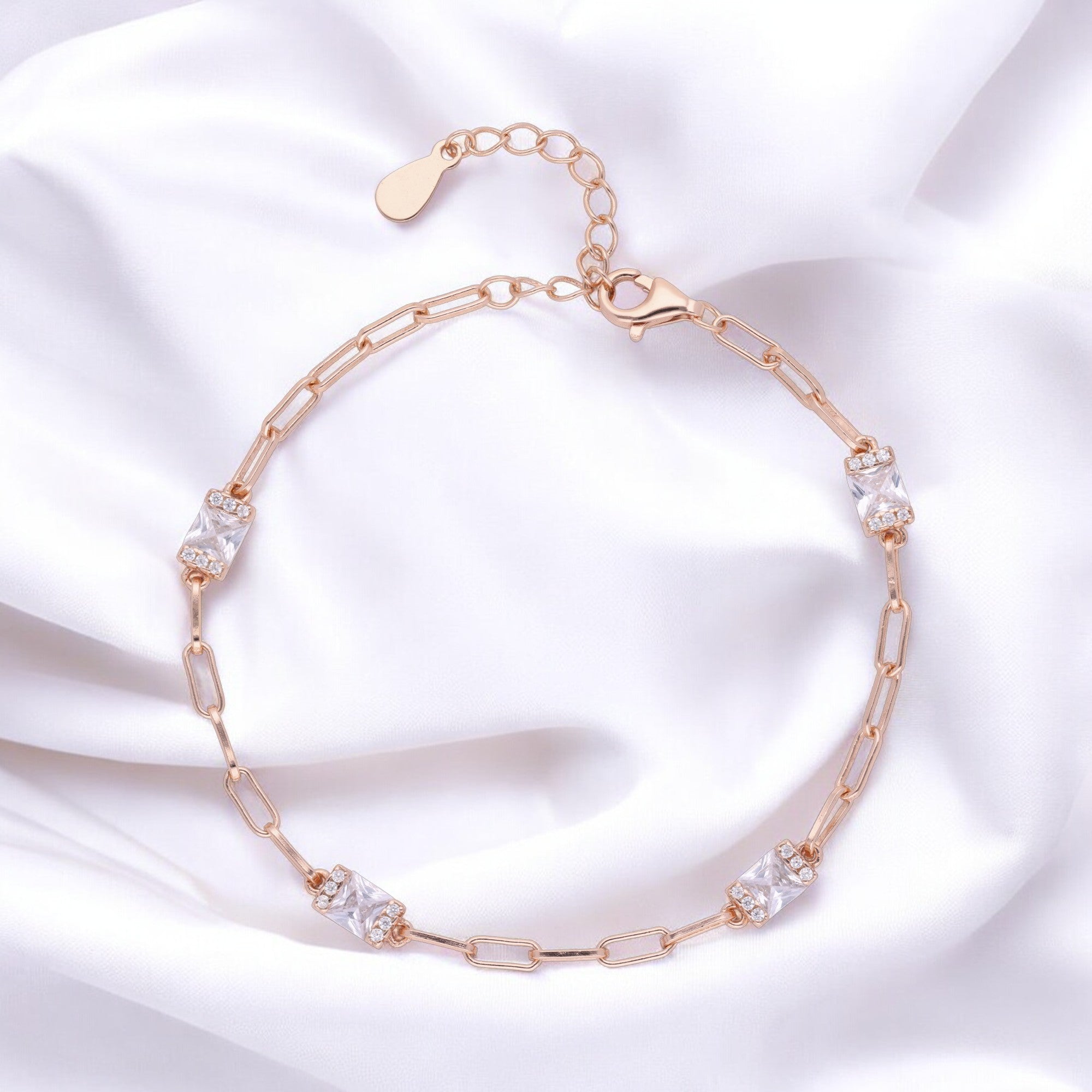 Rose-Tone Paperclip Chain Bracelet with Bold Red Stone Stations | SKU : 0021546747, 0003631096, 0021546754, 0021546761