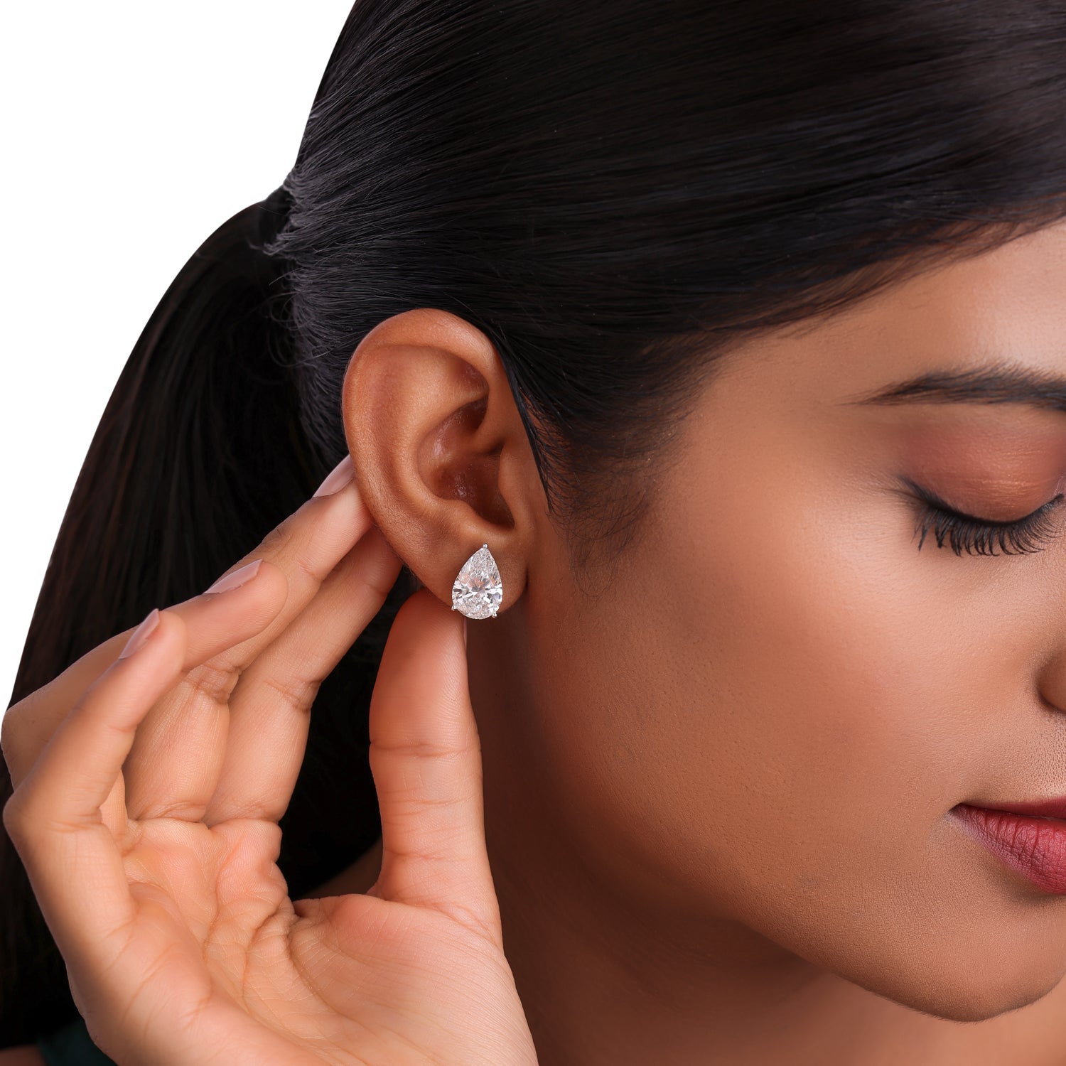 Pear Step-Cut Lab Grown Diamond Solitaire Stud Earrings in White Gold | SKU : 0021844812