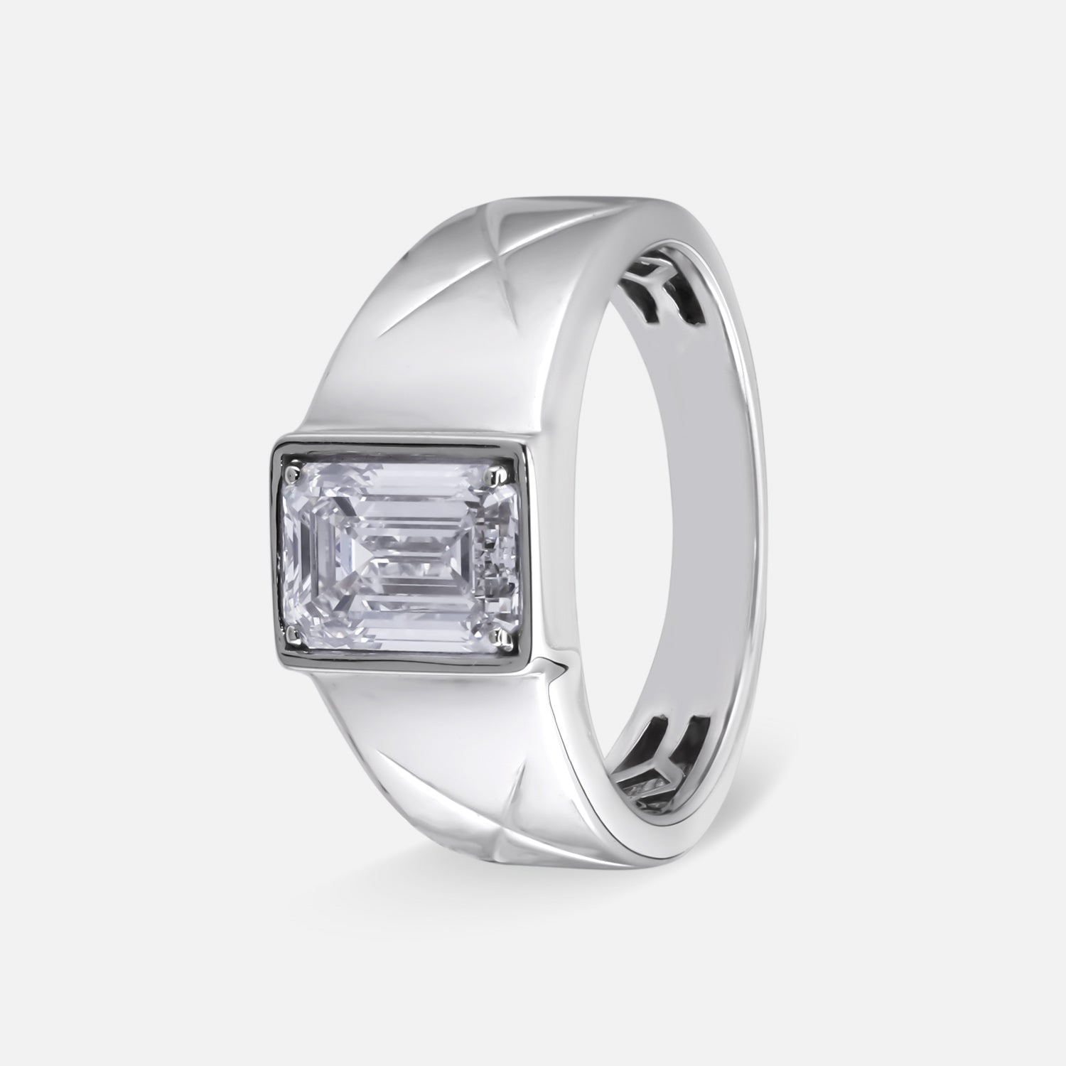 Bezel-Set Emerald-Cut Lab-Grown Diamond Ring in Sculpted White Gold Finish | SKU : 0021887345