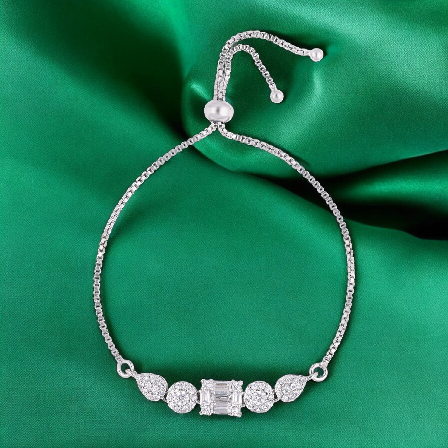 Emerald-Cut & Halo Pear Cubic Zirconia Sterling Silver Adjustable Bracelet | SKU : 0022164049, 0022167644, 0003888254
