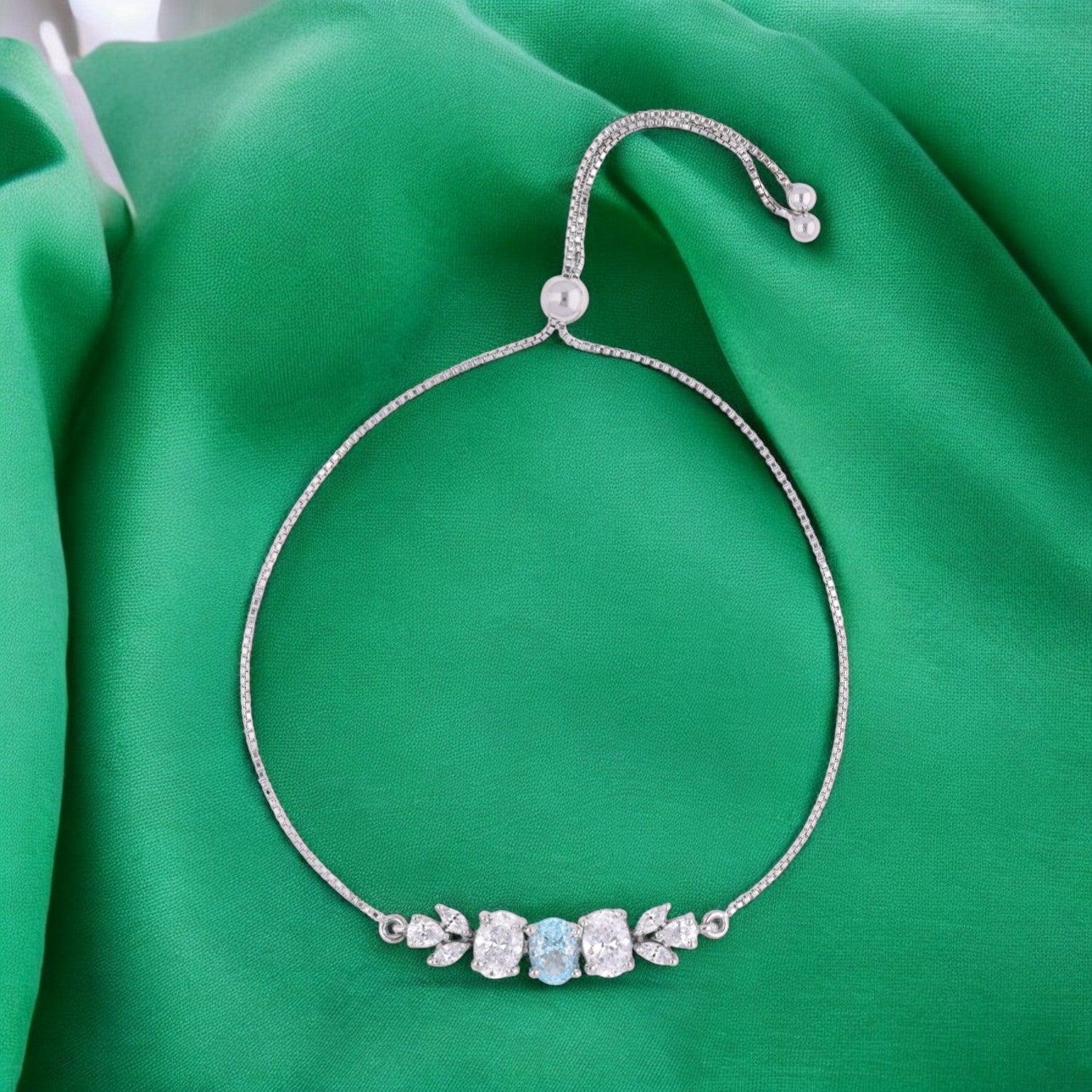 Sterling Silver Cushion & Round CZ Leaf Adjustable Bracelet | SKU : 0022164100, 0022167705, 0003888315