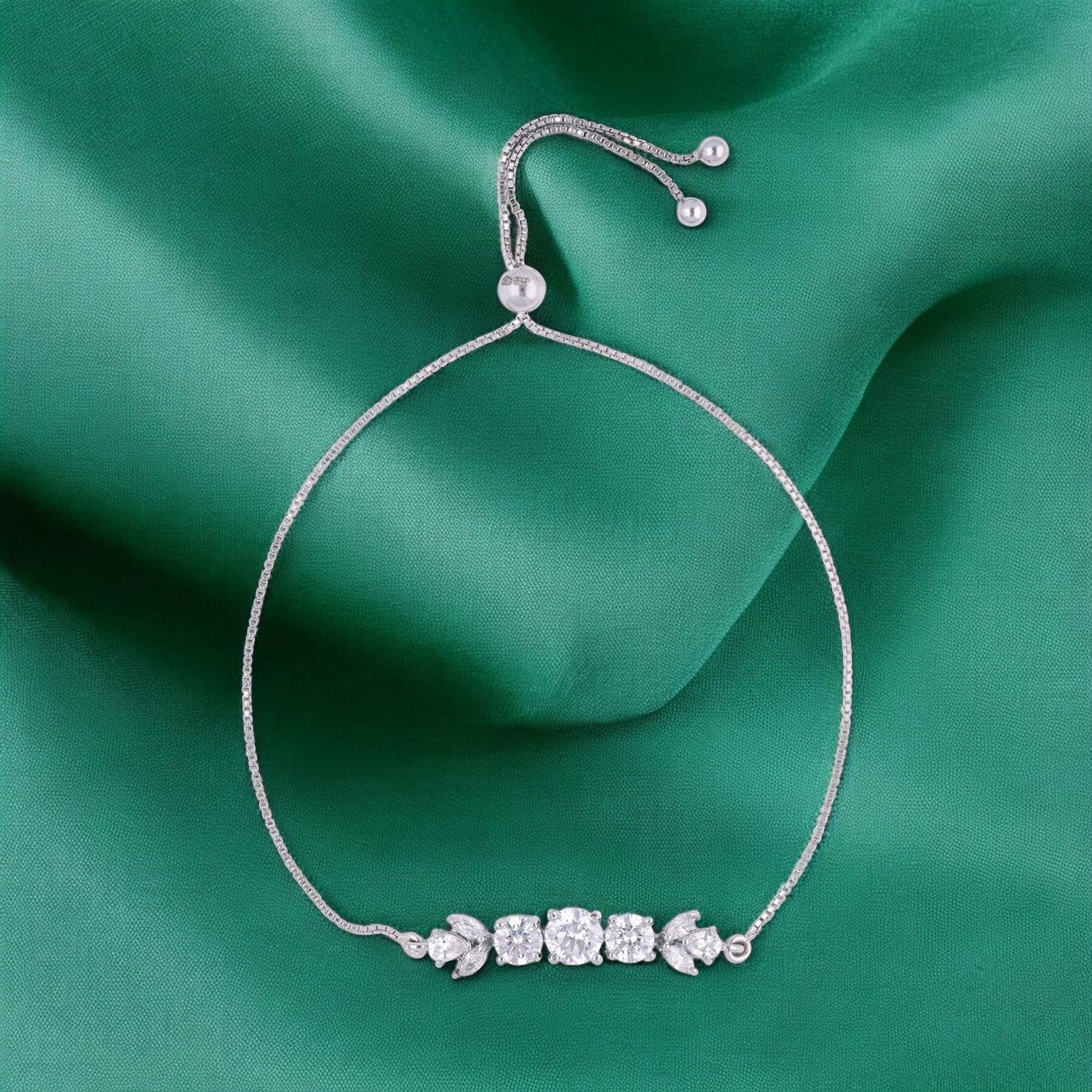 Sterling Silver Triple Round & Leaf CZ Adjustable Bracelet | SKU : 0022164155, 0022167750, 0003888360