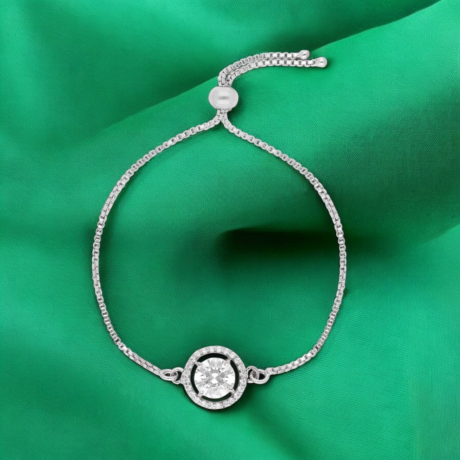 Round Halo Solitaire Cubic Zirconia Sterling Silver Adjustable Bracelet | SKU : 0022164209, 0022167804, 0003888414