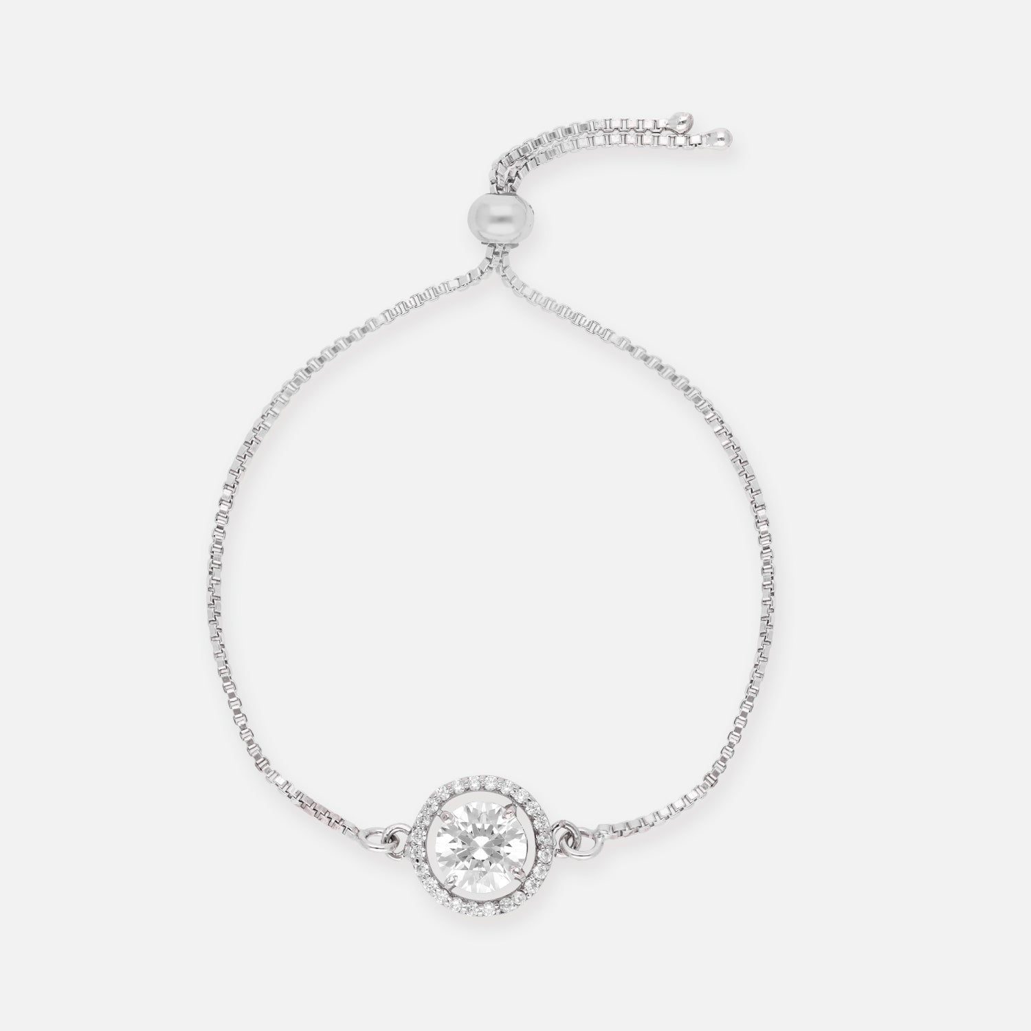Round Halo Solitaire Cubic Zirconia Sterling Silver Adjustable Bracelet | SKU : 0022164209, 0022167804, 0003888414
