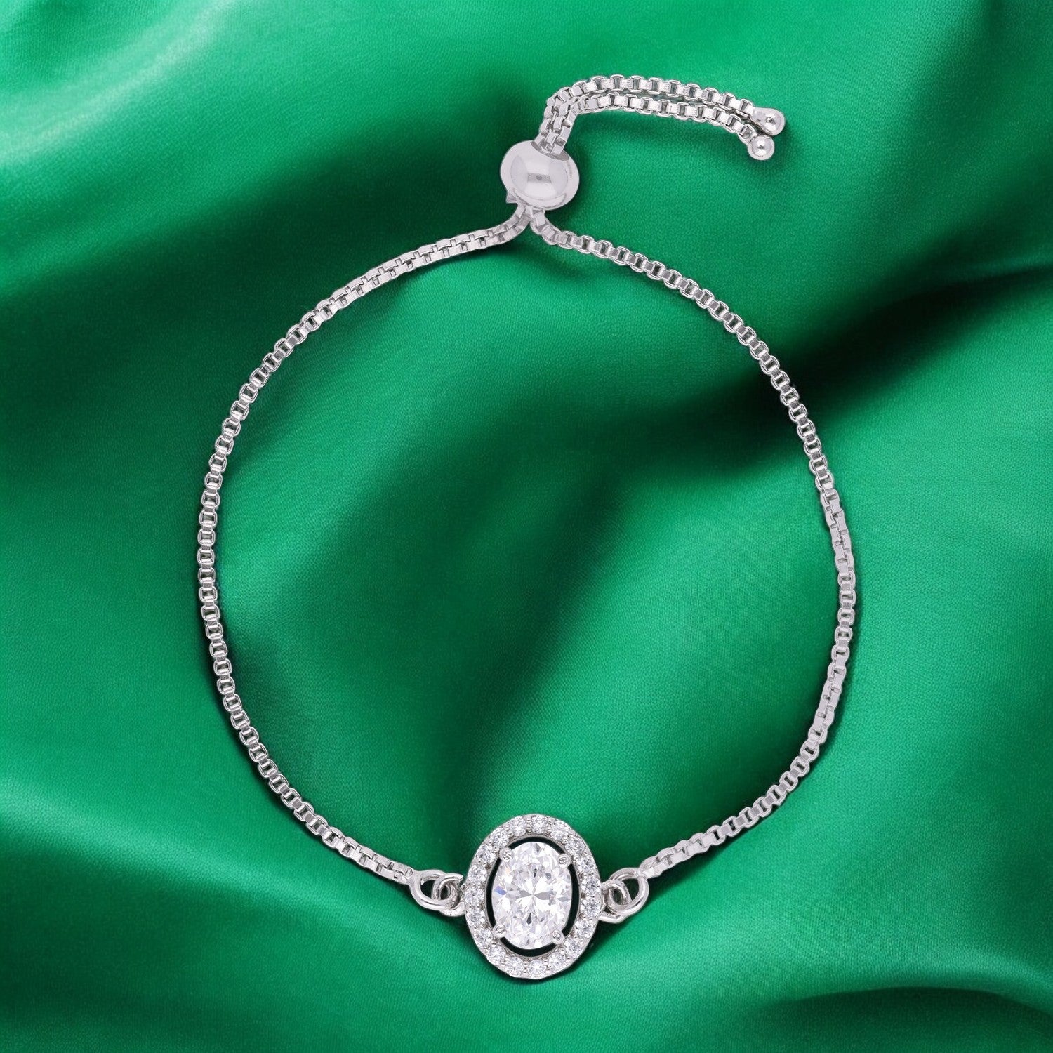 Oval Halo Cubic Zirconia Sterling Silver Adjustable Bracelet | SKU : 0022164230, 0022167835, 0003888445
