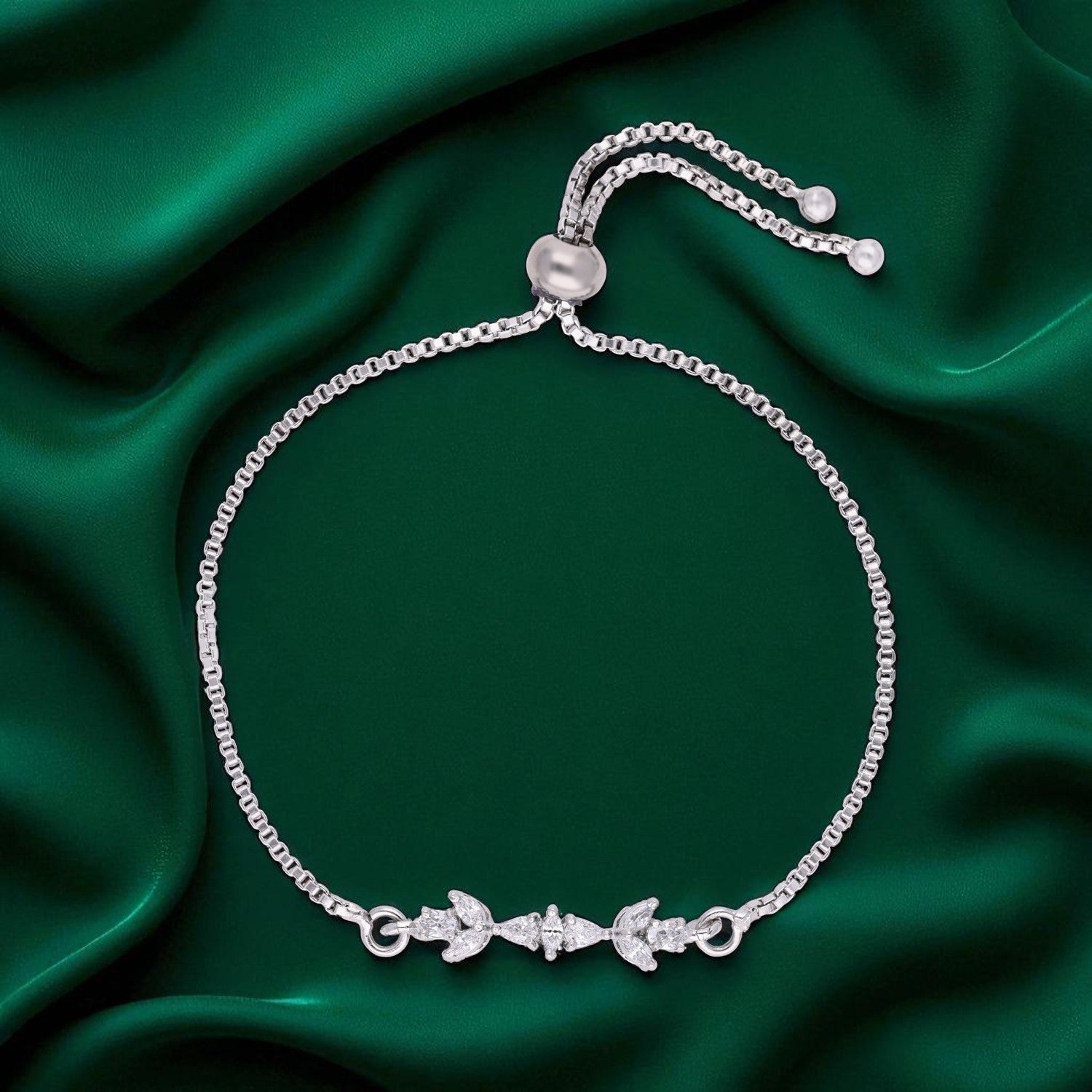 Leaf Motif Cubic Zirconia Sterling Silver Adjustable Bracelet | SKU : 0022164247, 0022167842, 0003888452