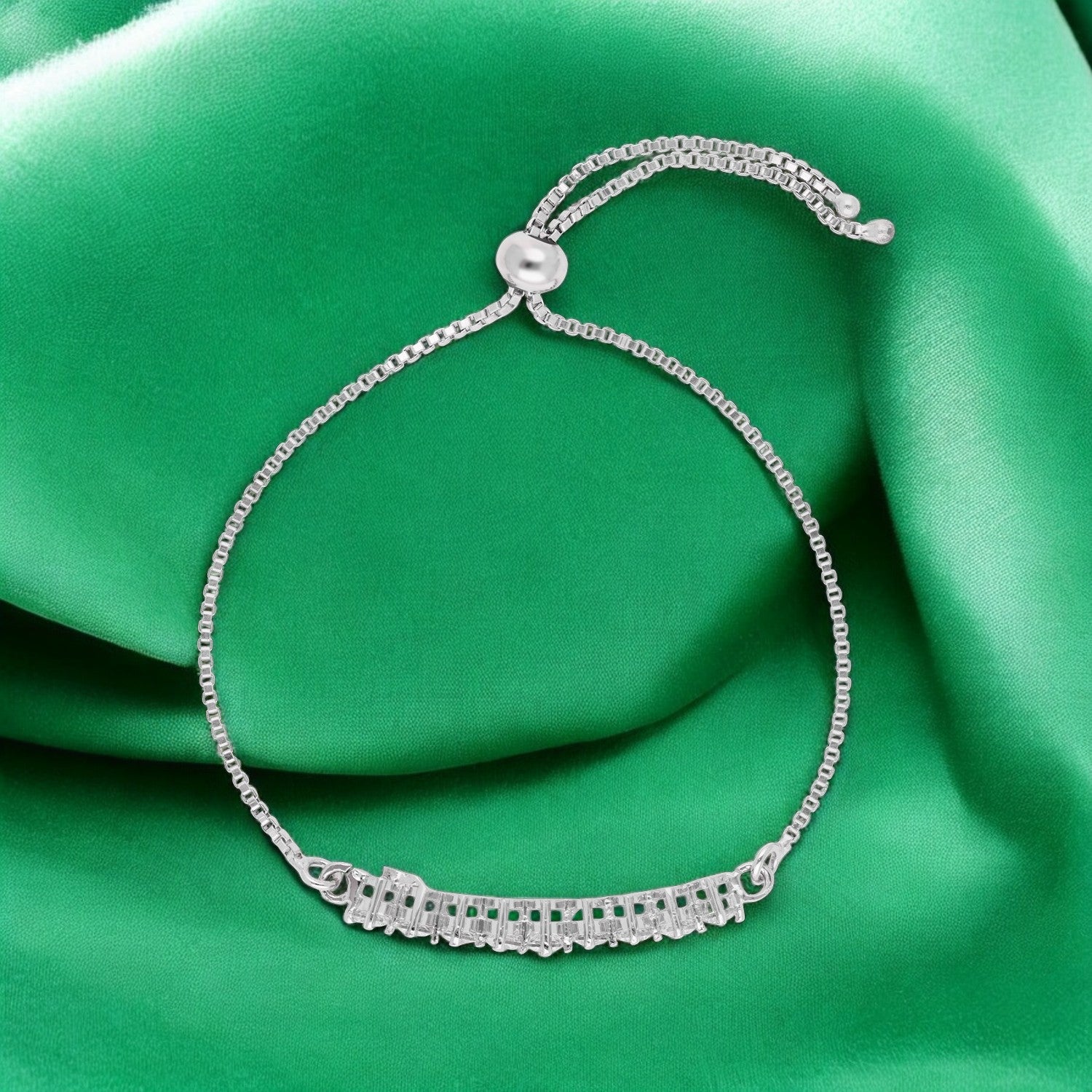 Elegant Emerald-Cut & Round CZ Sterling Silver Adjustable Bracelet | SKU: 0022164261, 0022167866, 0003888476
