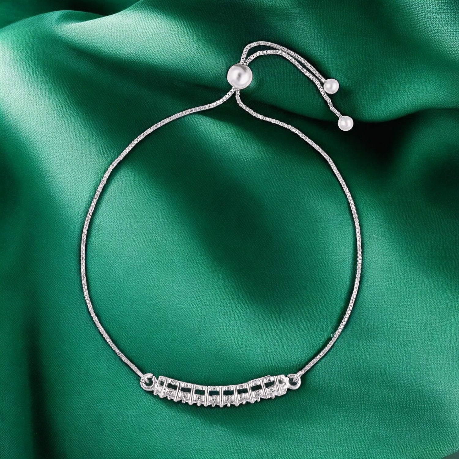 Baguette Cut Cubic Zirconia Sterling Silver Adjustable Bracelet | SKU : 0022164278, 0022167873, 0003888483
