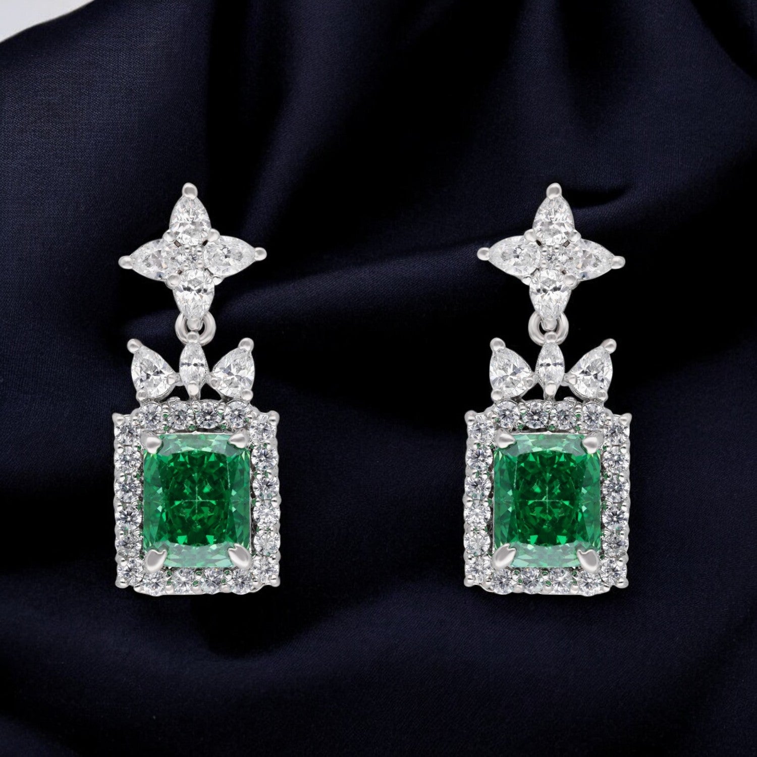 Radiant Emerald Cut Halo Drop Earrings – Green, Blue & Orange Variants | SKU :  0022178961, 0022179265, 0003894095
