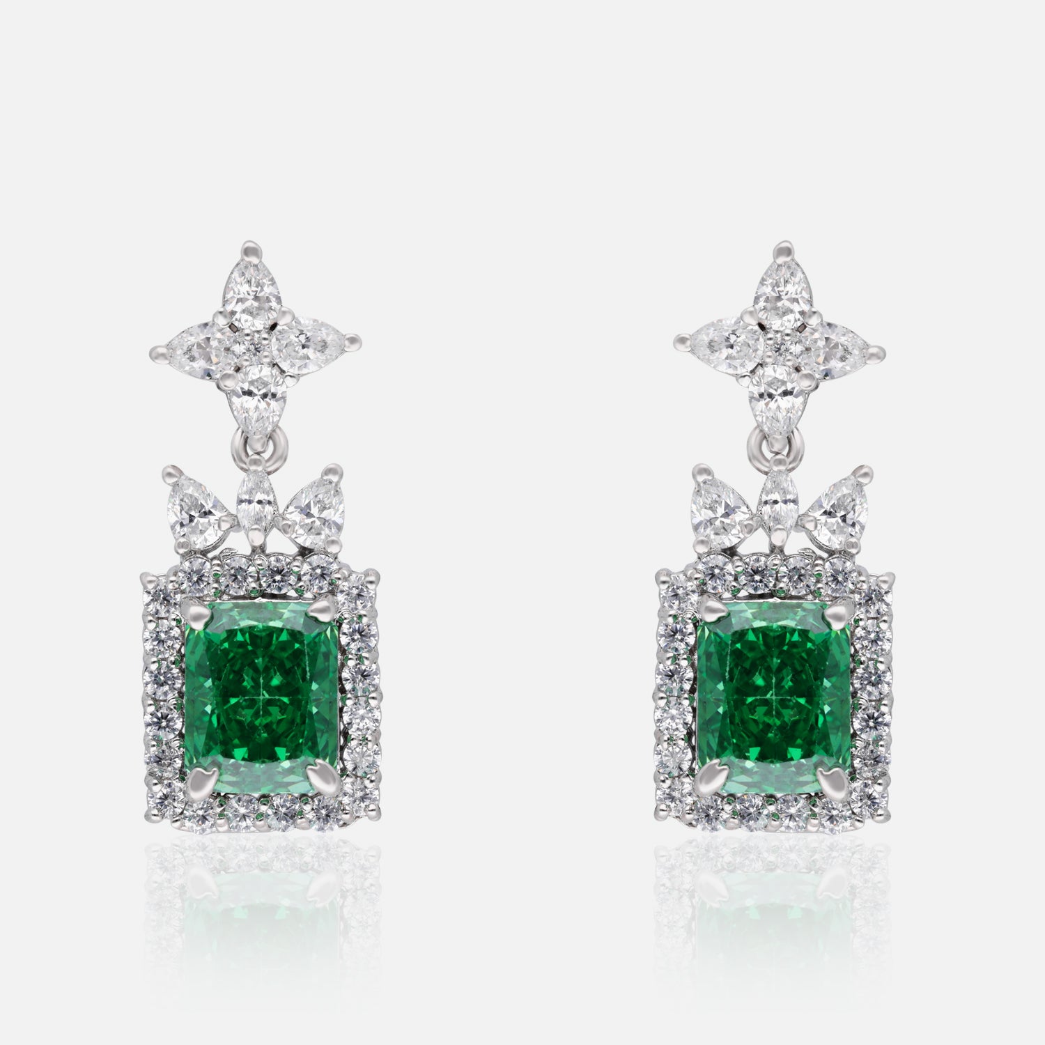 Radiant Emerald Cut Halo Drop Earrings – Green, Blue & Orange Variants | SKU :  0022178961, 0022179265, 0003894095