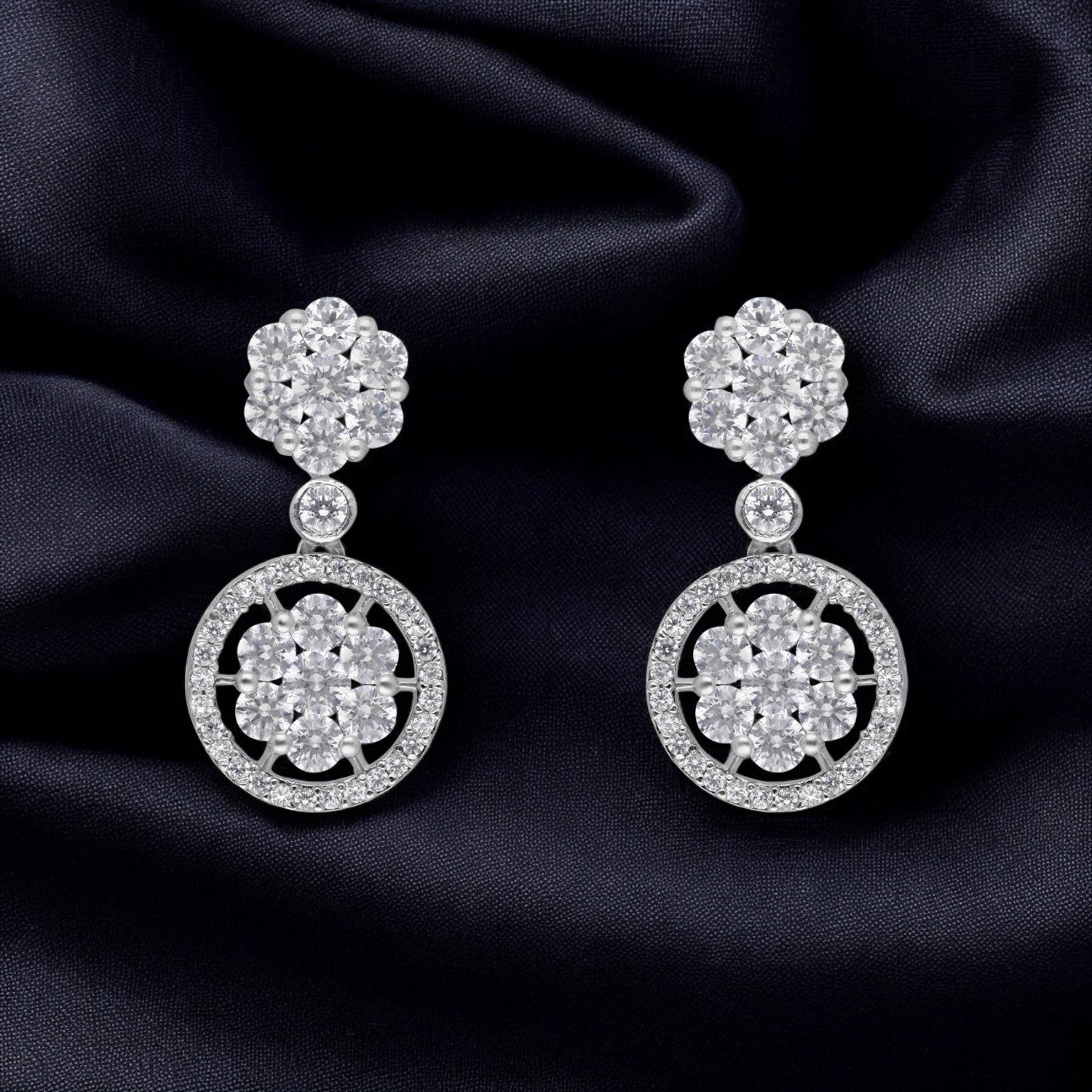Floral Cluster Circle Sterling Silver Drop Earrings | SKU :  0022179012, 0022179319, 0003894149