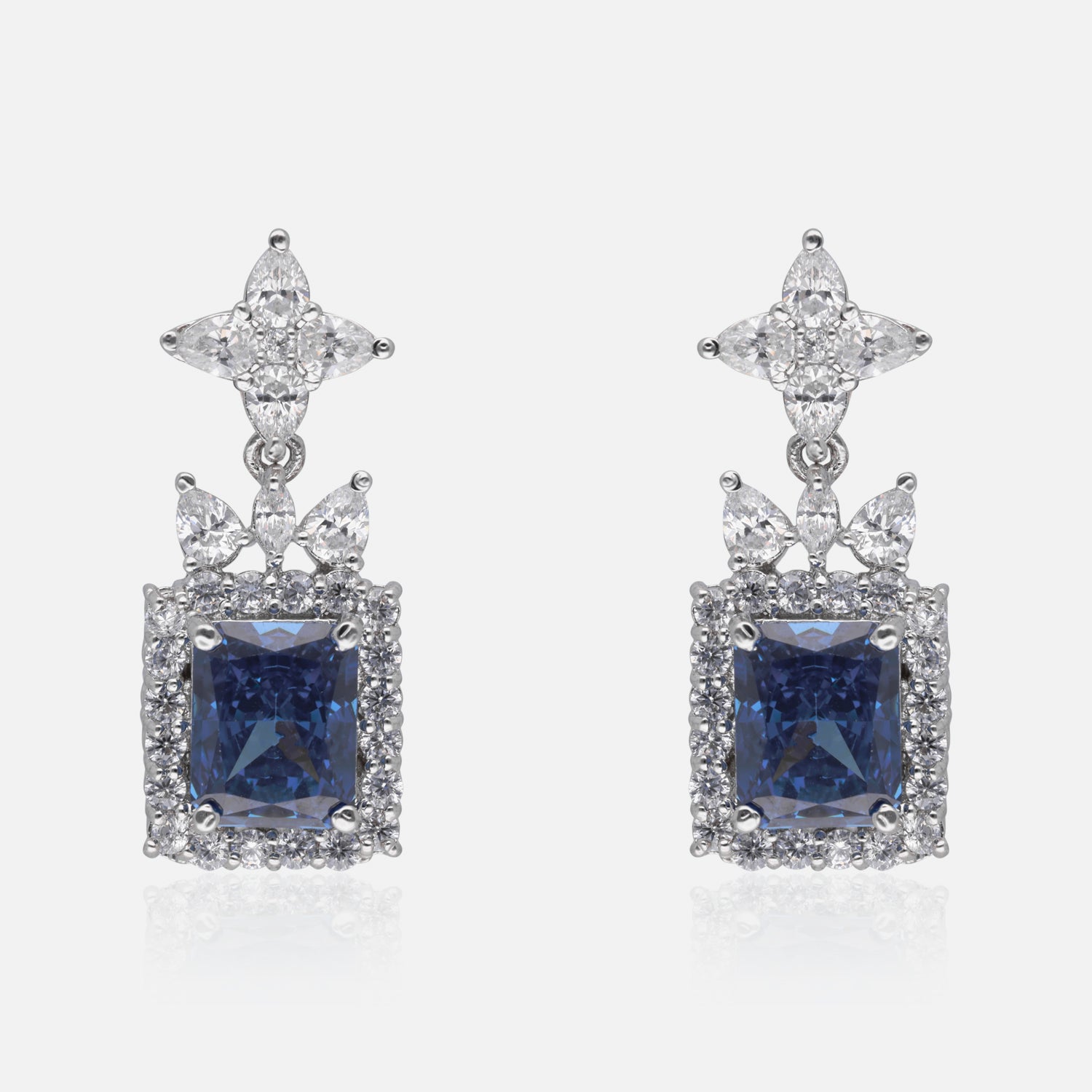 Radiant Emerald Cut Halo Drop Earrings – Green, Blue & Orange Variants | SKU :  0022178961, 0022179265, 0003894095