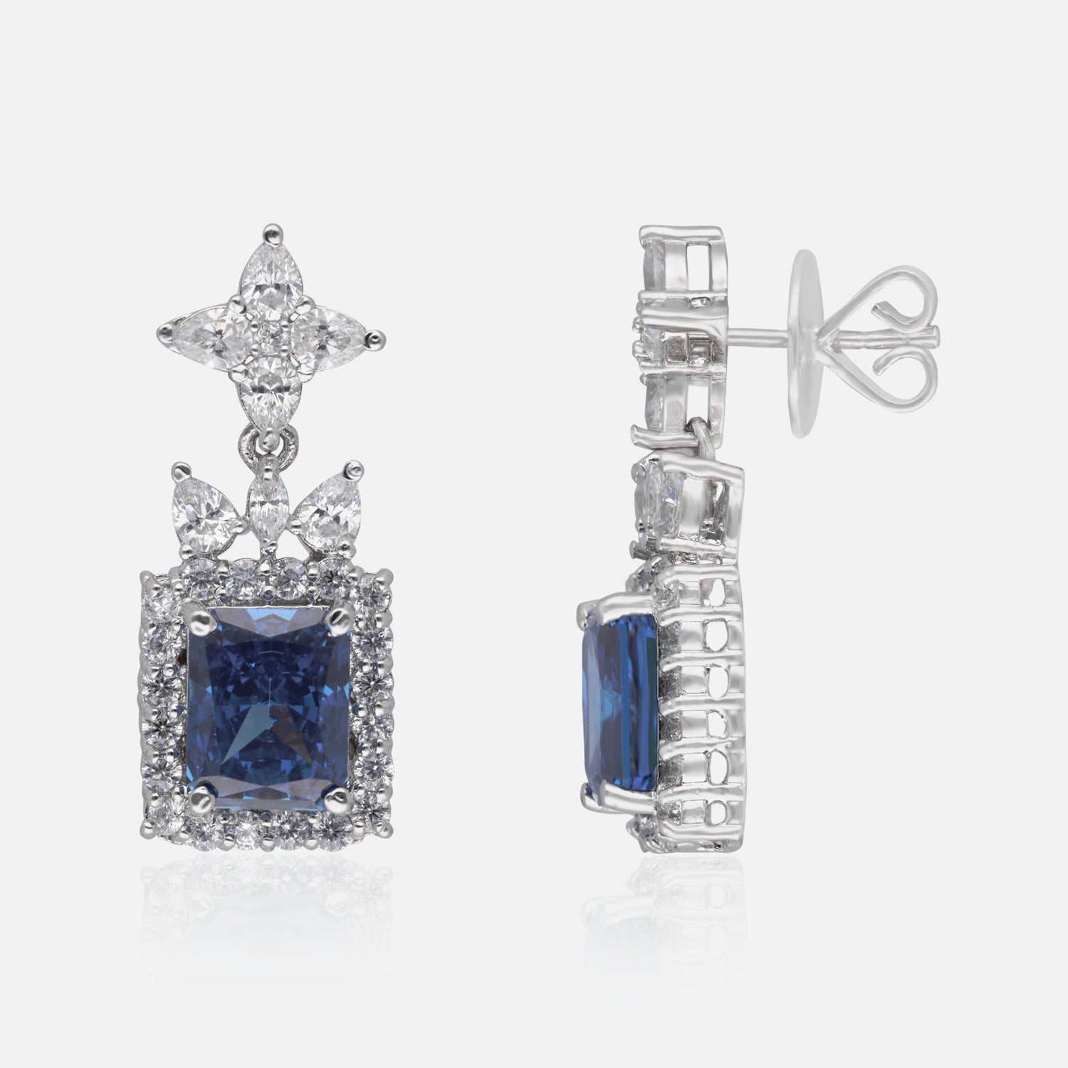 Radiant Emerald Cut Halo Drop Earrings – Green, Blue & Orange Variants | SKU :  0022178961, 0022179265, 0003894095