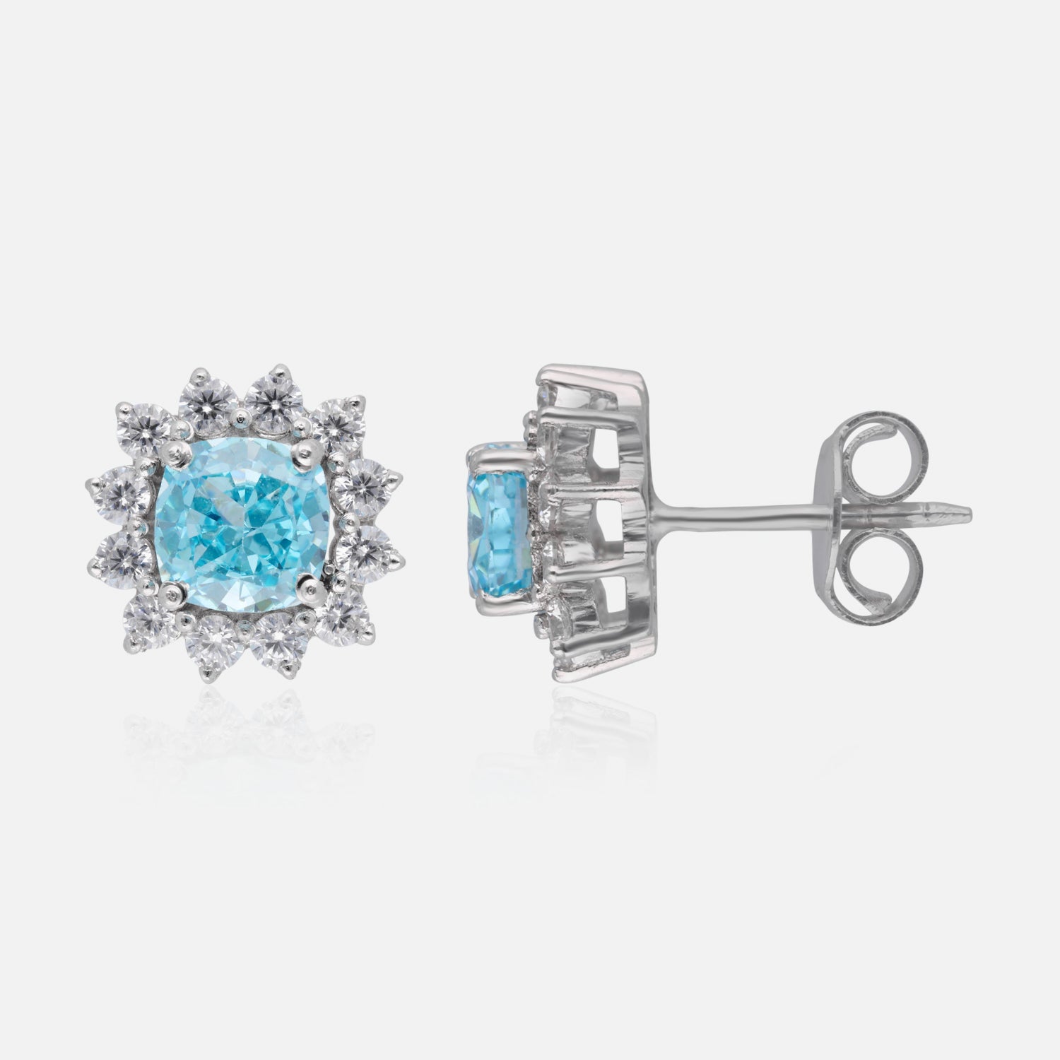 Elegant Cushion-Cut Blue & Peach Gemstone Halo Floral Stud Earrings | SKU : 0022195845, 0022194459, 0003904206