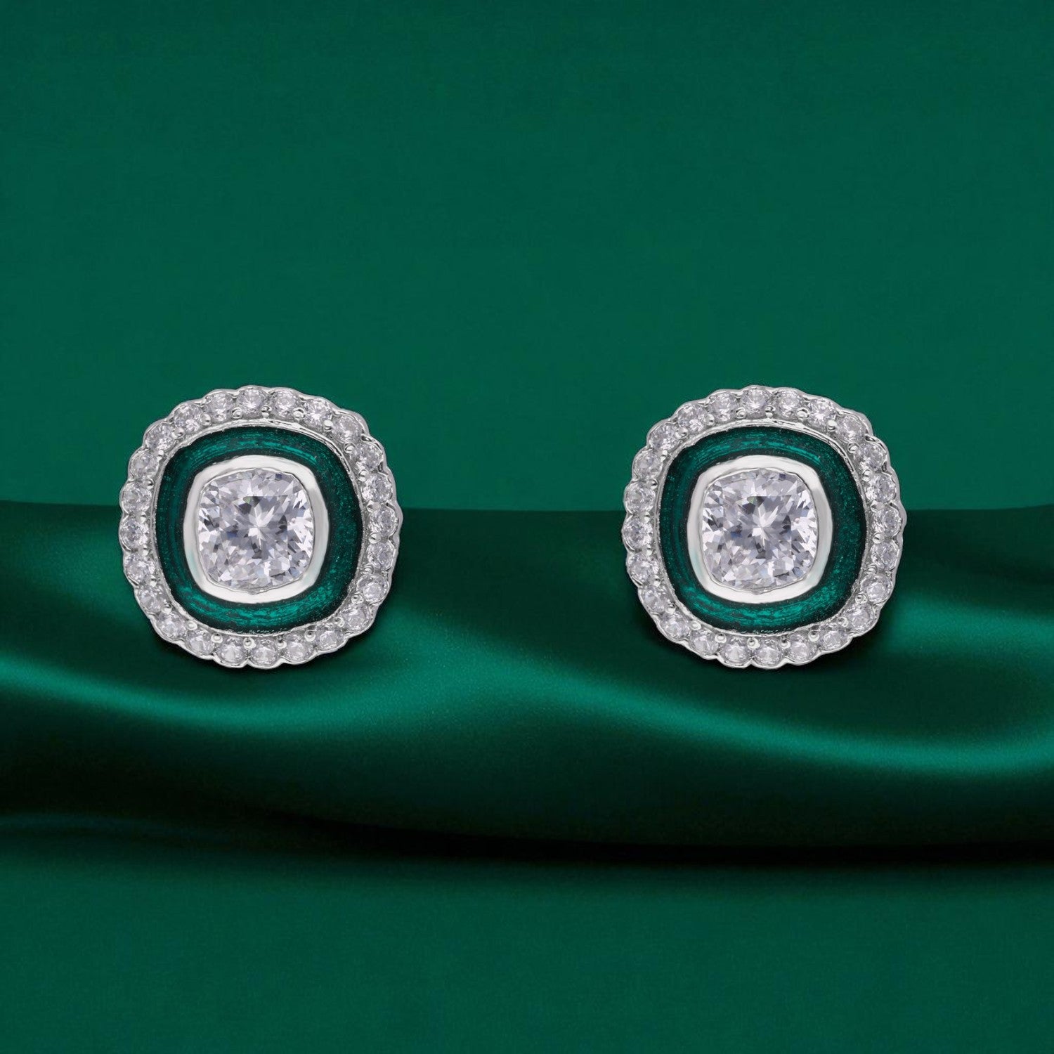 Sterling Silver Cushion-Cut Enamel Halo Earrings (Black, Green & Red Variants) | SKU : 0022195920, 0022194534, 0003904282