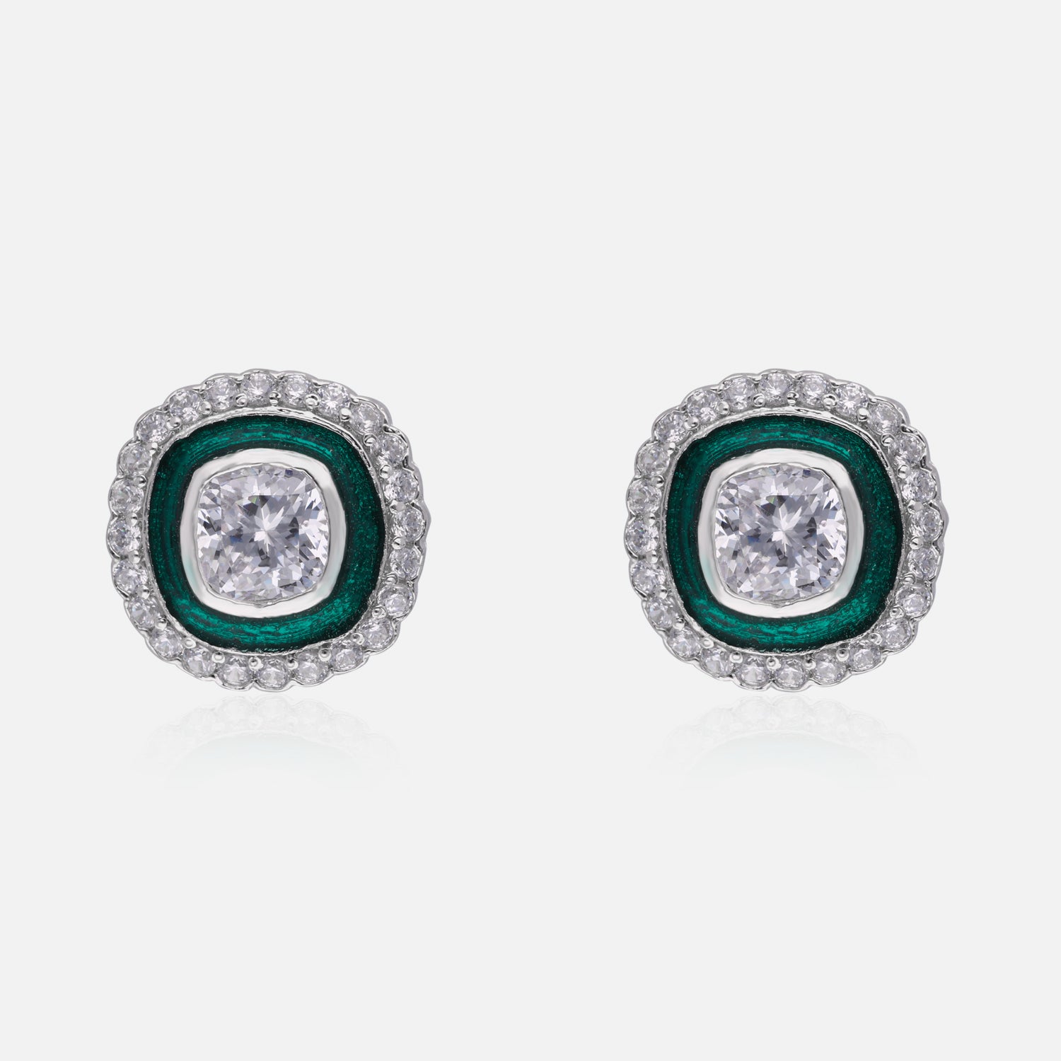 Sterling Silver Cushion-Cut Enamel Halo Earrings (Black, Green & Red Variants) | SKU : 0022195920, 0022194534, 0003904282