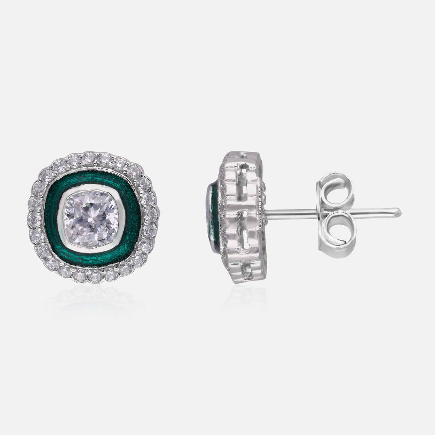 Sterling Silver Cushion-Cut Enamel Halo Earrings (Black, Green & Red Variants) | SKU : 0022195920, 0022194534, 0003904282