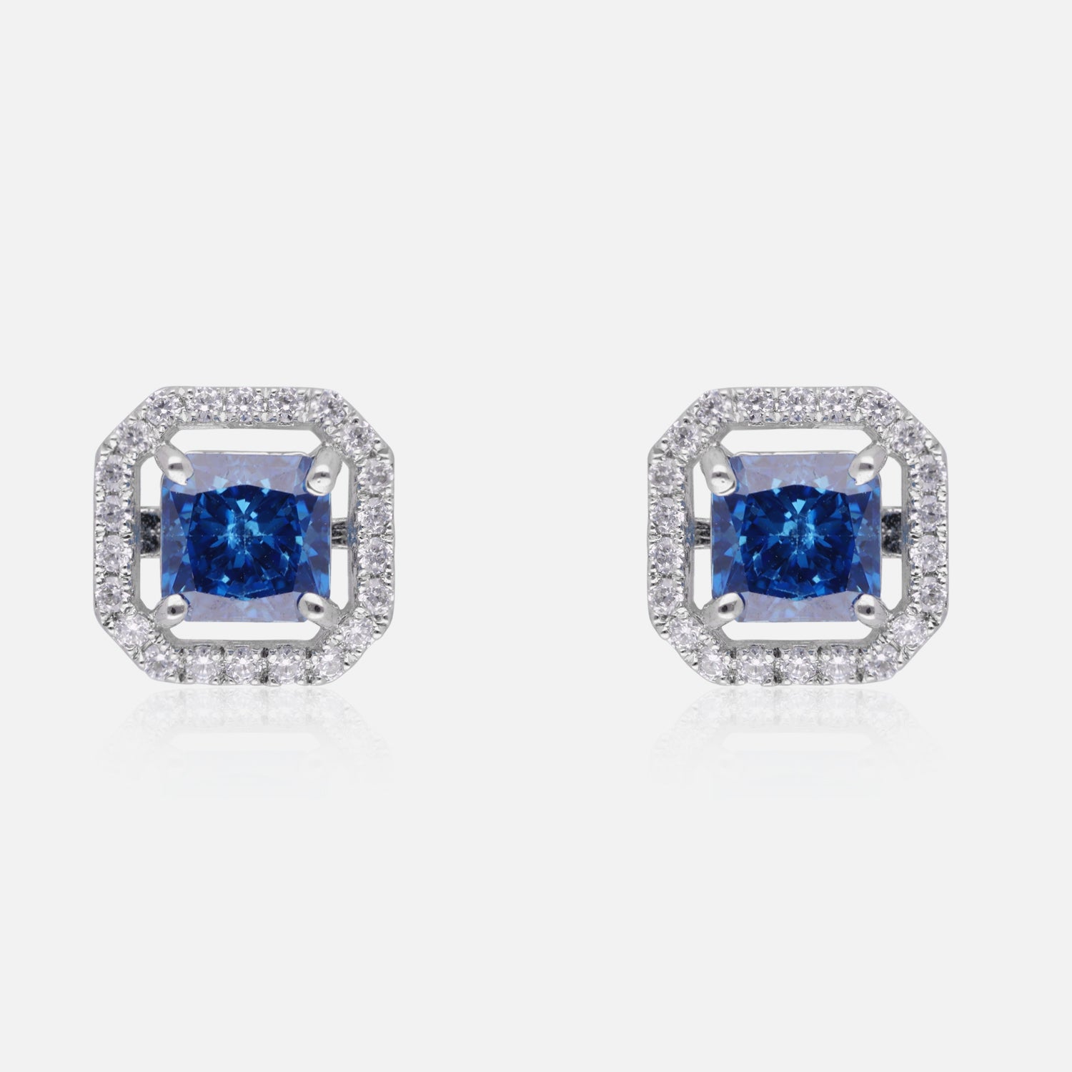 Sterling Silver Cushion-Cut Halo Stud Earrings – Emerald, Sapphire & Yellow Variants | SKU : 0022195968, 0022194572, 0003904329