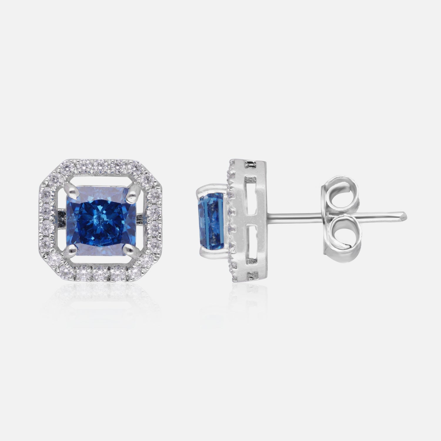 Sterling Silver Cushion-Cut Halo Stud Earrings – Emerald, Sapphire & Yellow Variants | SKU : 0022195968, 0022194572, 0003904329
