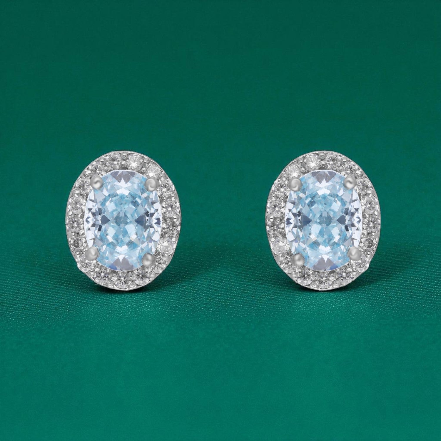 Sterling Silver Oval Halo Stud Earrings – Pink, Blue & Yellow Variants | SKU : 0022196026, 0022194633, 0003904381