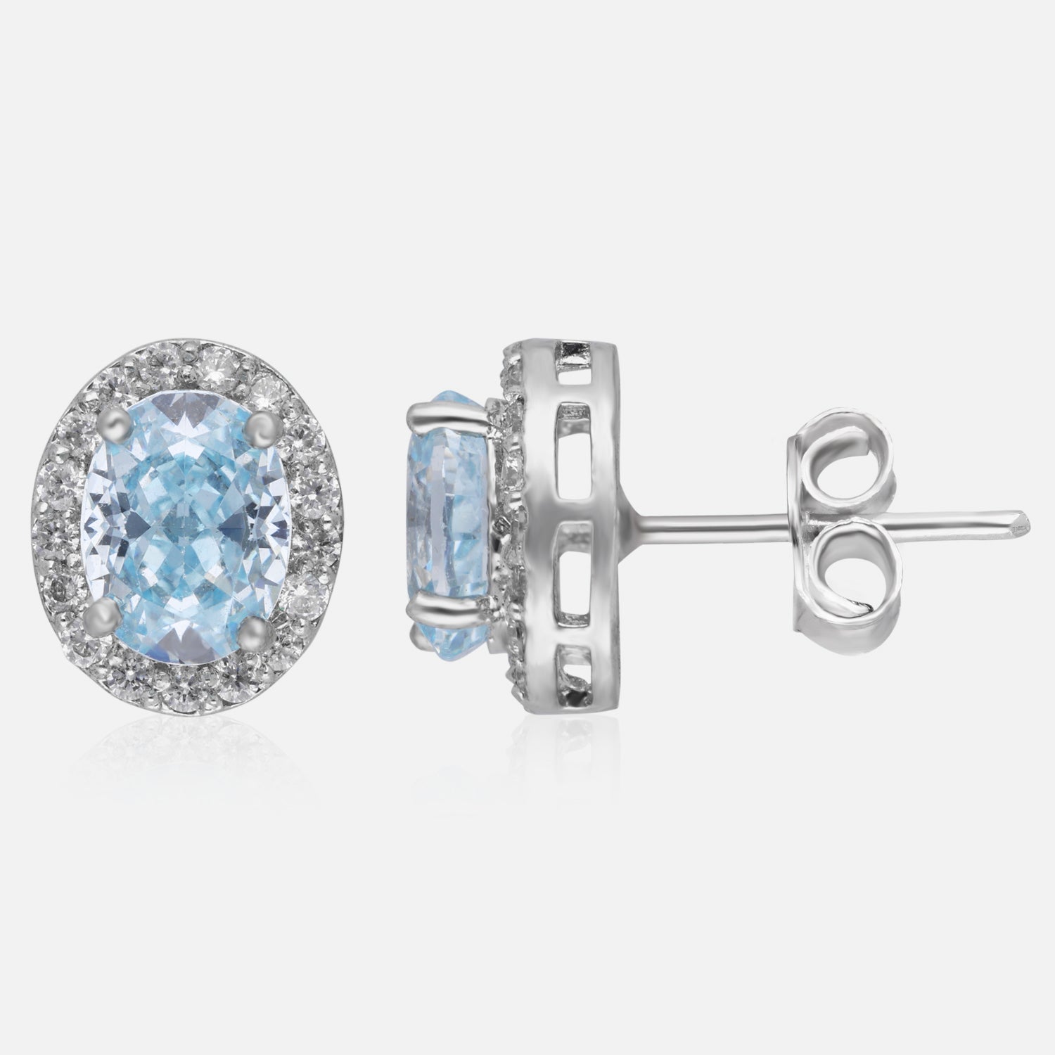 Sterling Silver Oval Halo Stud Earrings – Pink, Blue & Yellow Variants | SKU : 0022196026, 0022194633, 0003904381