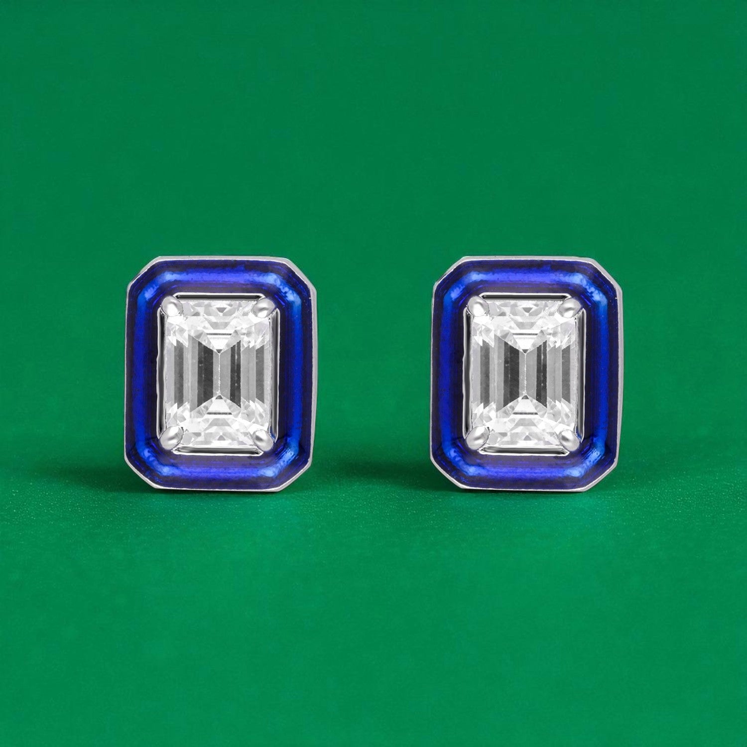 Emerald-Cut Crystal Stud Earrings with Enamel Halo | SKU : 0022196163, 0022194770, 0003904527