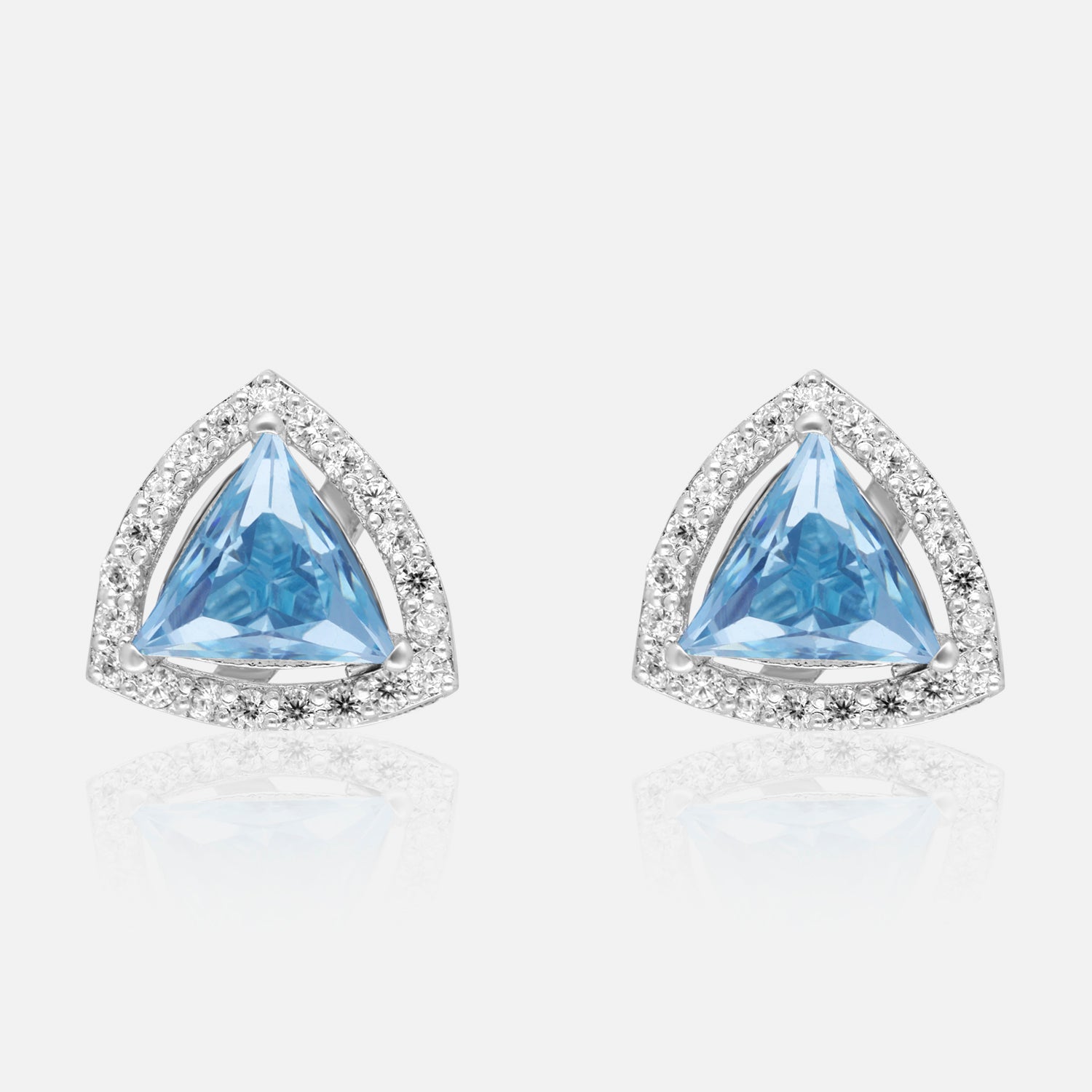Trillion Radiance Halo Stud Earrings – Bold Geometry, Brilliant Sparkle | SKU : 0022196187, 0022194794, 0003904541