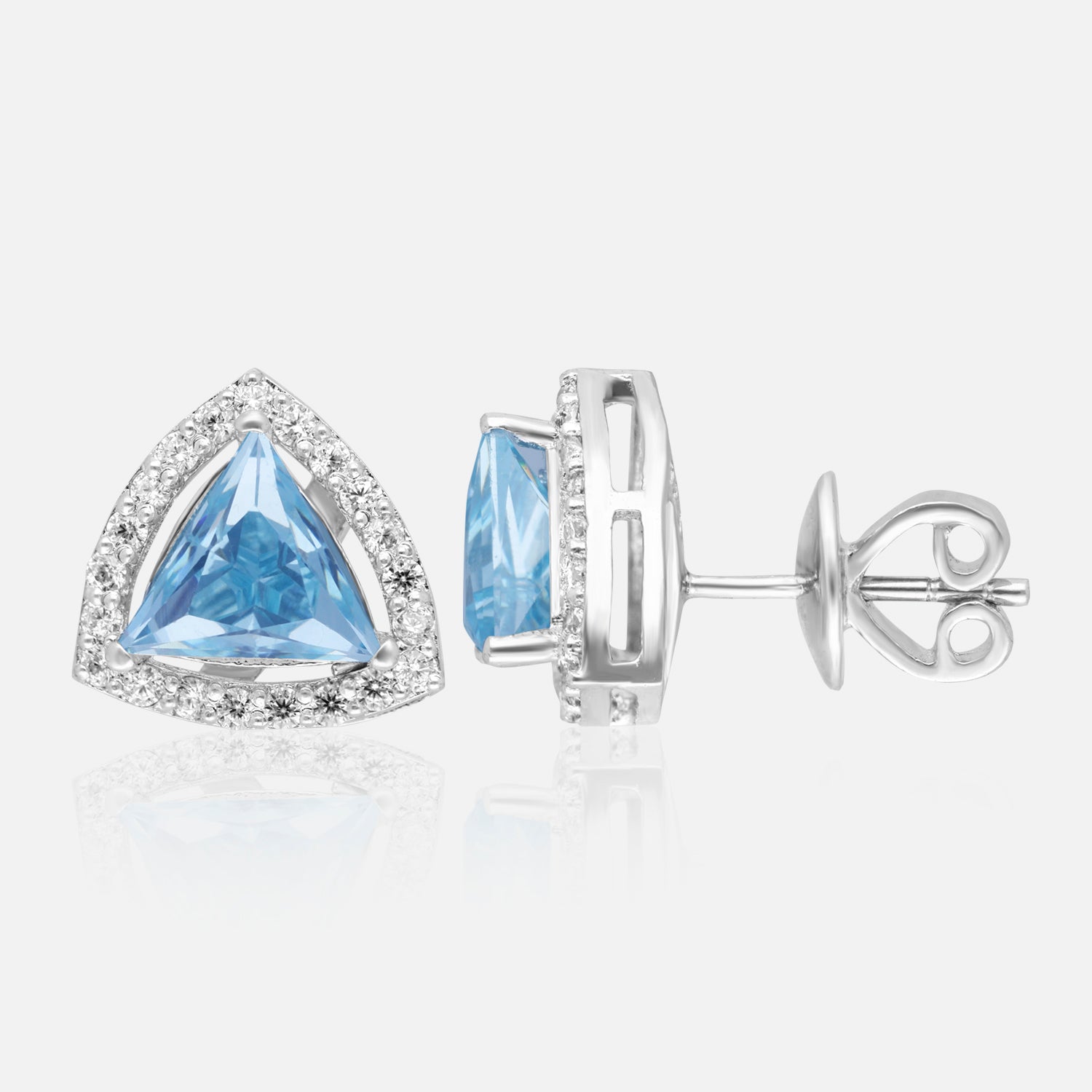 Trillion Radiance Halo Stud Earrings – Bold Geometry, Brilliant Sparkle | SKU : 0022196187, 0022194794, 0003904541