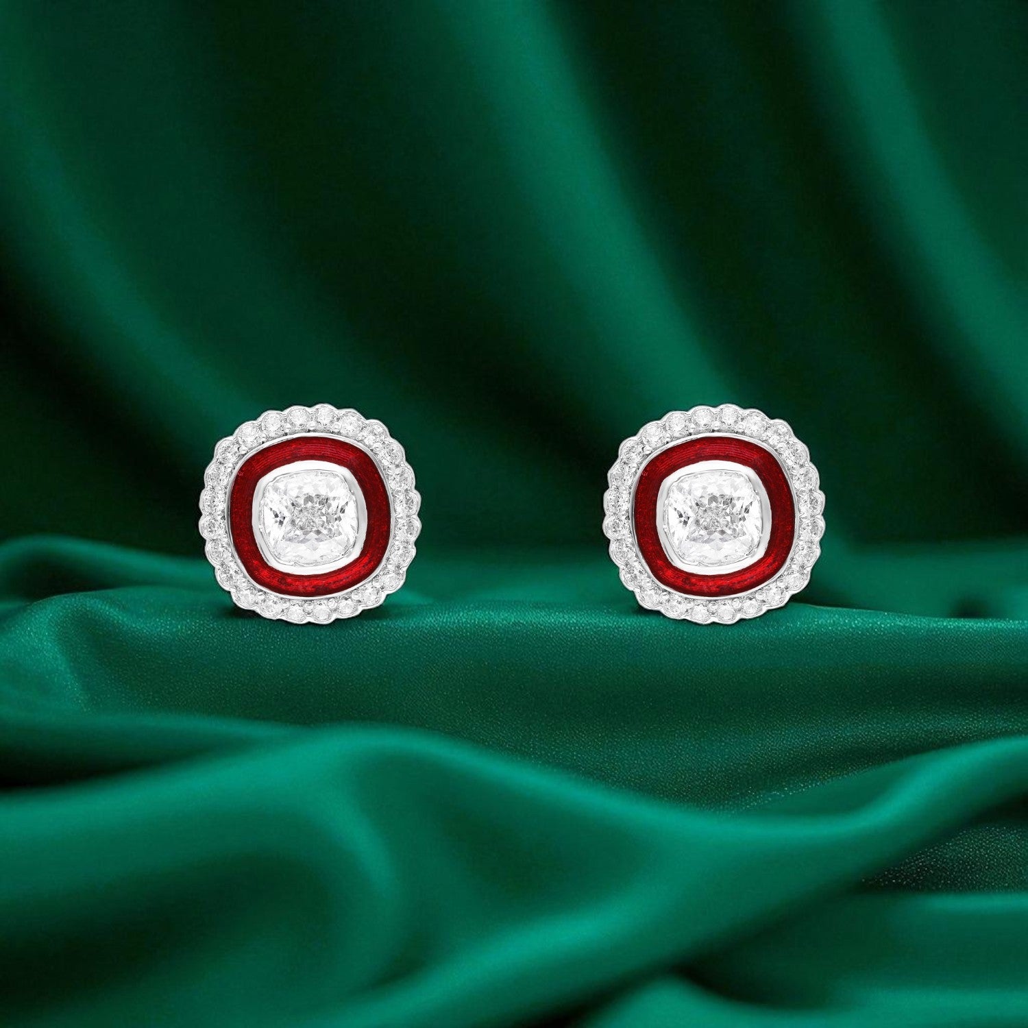 Sterling Silver Cushion-Cut Enamel Halo Earrings (Black, Green & Red Variants) | SKU : 0022195920, 0022194534, 0003904282