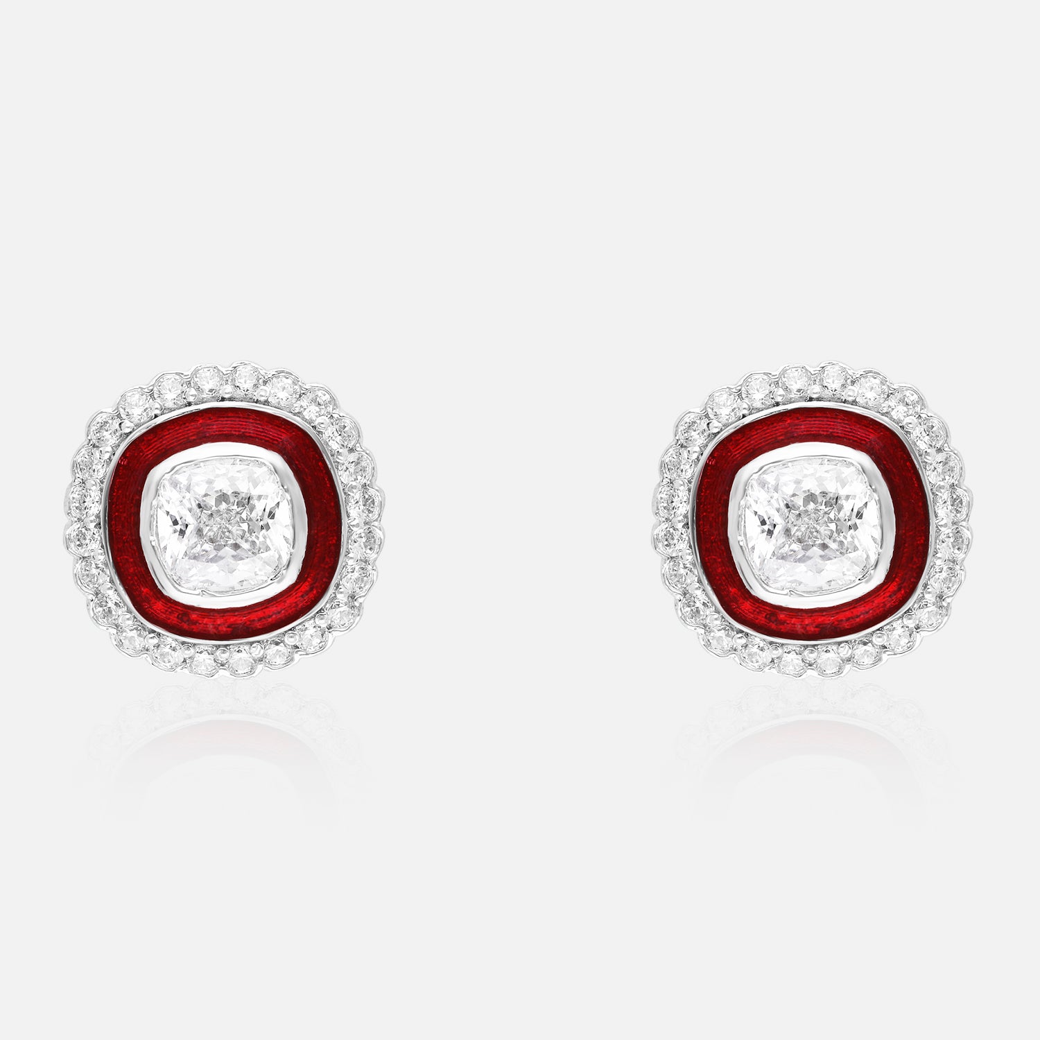 Sterling Silver Cushion-Cut Enamel Halo Earrings (Black, Green & Red Variants) | SKU : 0022195920, 0022194534, 0003904282