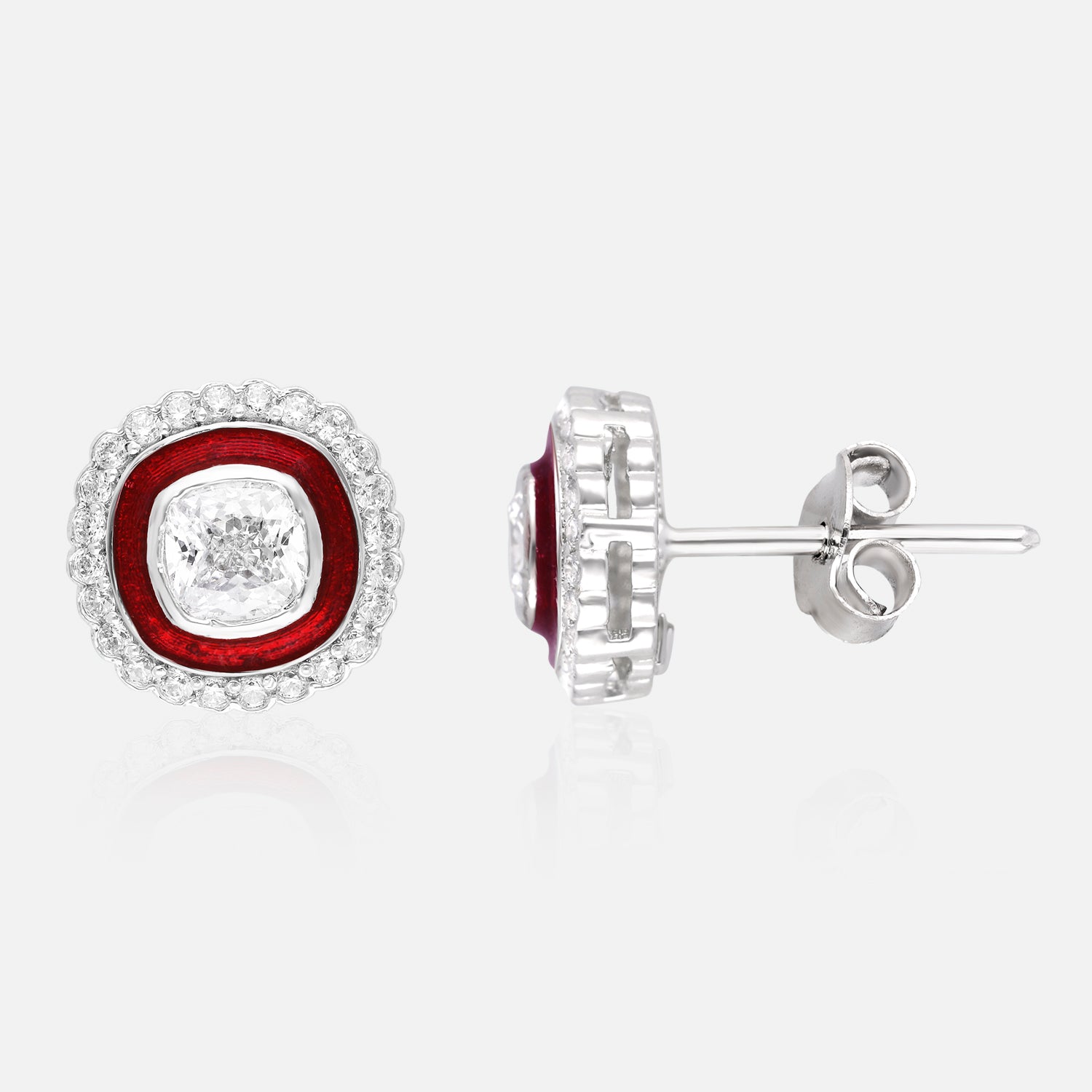 Sterling Silver Cushion-Cut Enamel Halo Earrings (Black, Green & Red Variants) | SKU : 0022195920, 0022194534, 0003904282