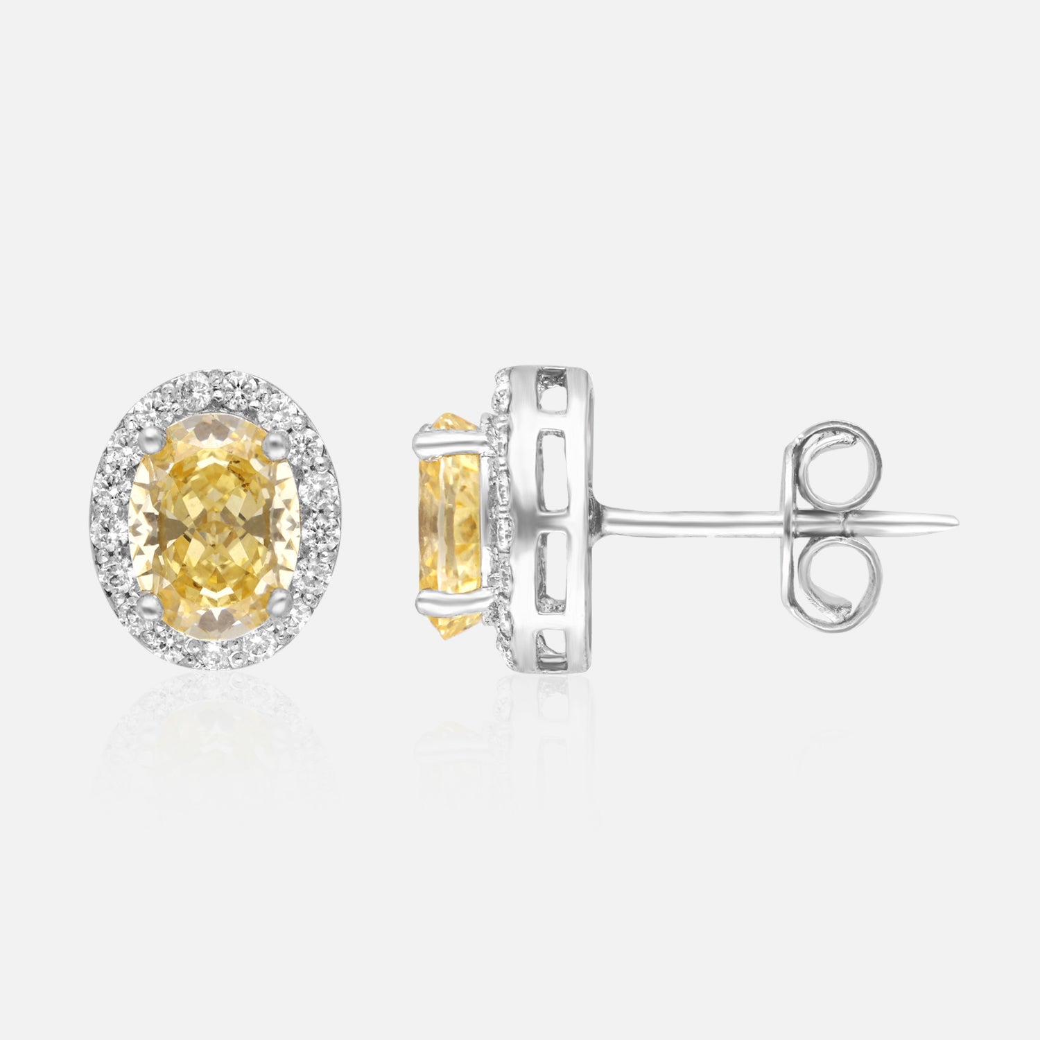 Sterling Silver Oval Halo Stud Earrings – Pink, Blue & Yellow Variants | SKU : 0022196026, 0022194633, 0003904381