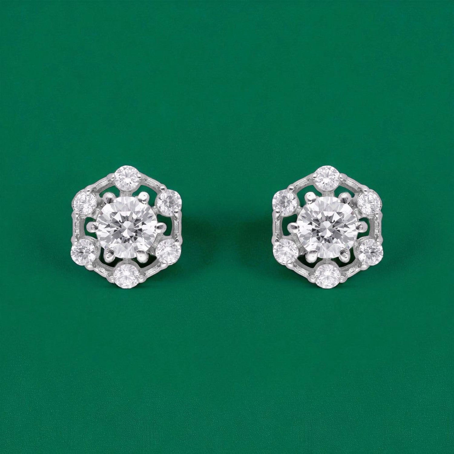 Regal Bloom – Hexagon Halo Cubic Zirconia Stud Earrings | SKU : 0022196101, 0022194718, 0003904466