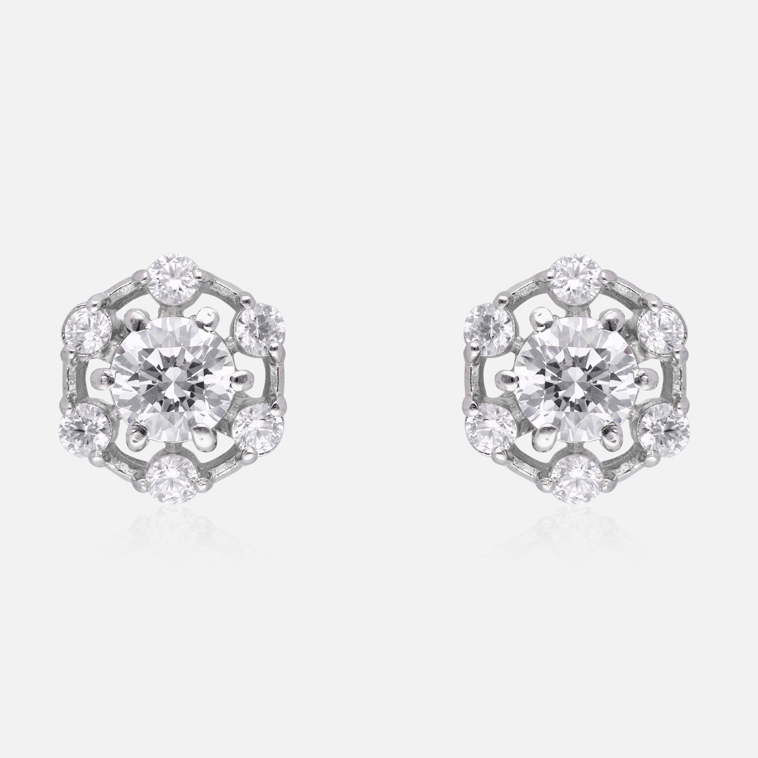 Regal Bloom – Hexagon Halo Cubic Zirconia Stud Earrings | SKU : 0022196101, 0022194718, 0003904466