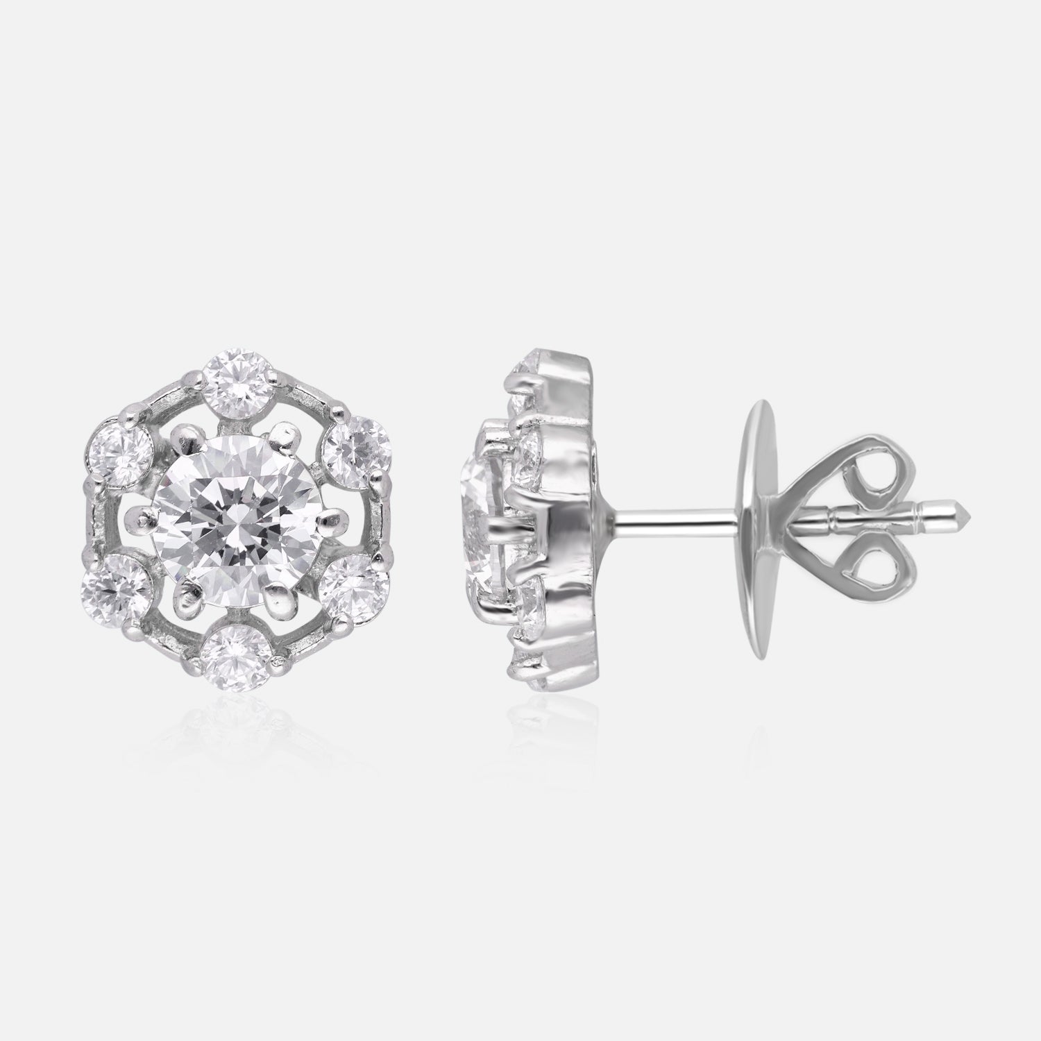 Regal Bloom – Hexagon Halo Cubic Zirconia Stud Earrings | SKU : 0022196101, 0022194718, 0003904466
