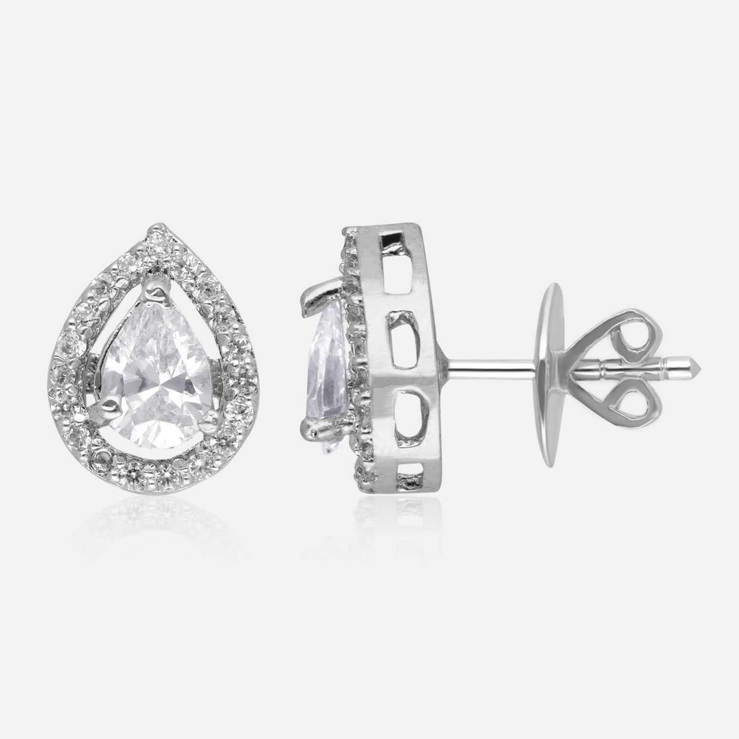 Radiant Grace – Teardrop Halo Cubic Zirconia Stud Earrings | SKU : 0022196149, 0022194756, 0003904503