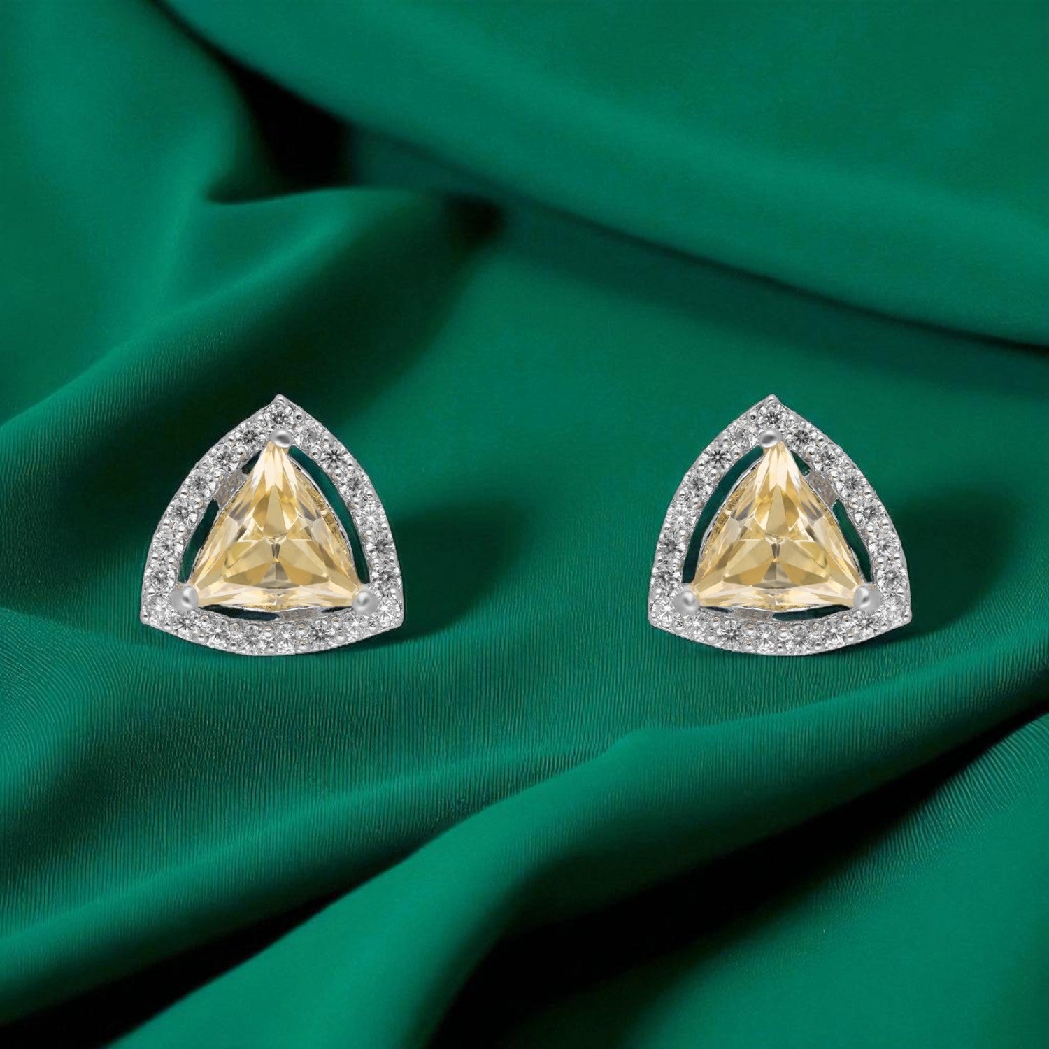 Trillion Radiance Halo Stud Earrings – Bold Geometry, Brilliant Sparkle | SKU : 0022196187, 0022194794, 0003904541