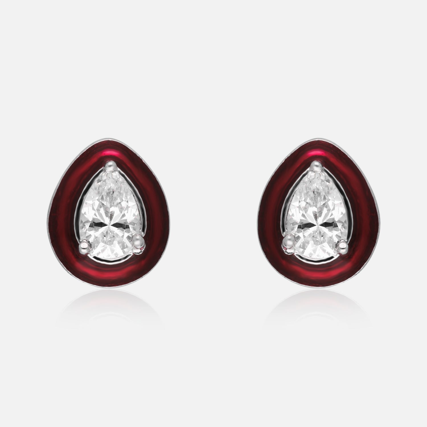 Elegant Teardrop Enamel Stud Earrings with Sparkling Pear-Cut Center Stone – Blue, Red & Green Variants | SKU : 0022196354, 0022194961, 0003904718