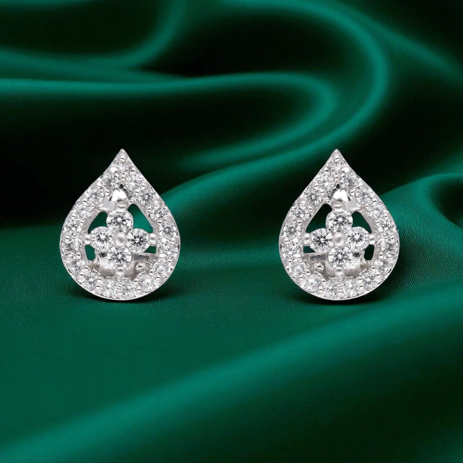 Teardrop Halo Cubic Zirconia Stud Earrings in Sterling Silver | SKU : 0022196446, 0022195050, 0003904800