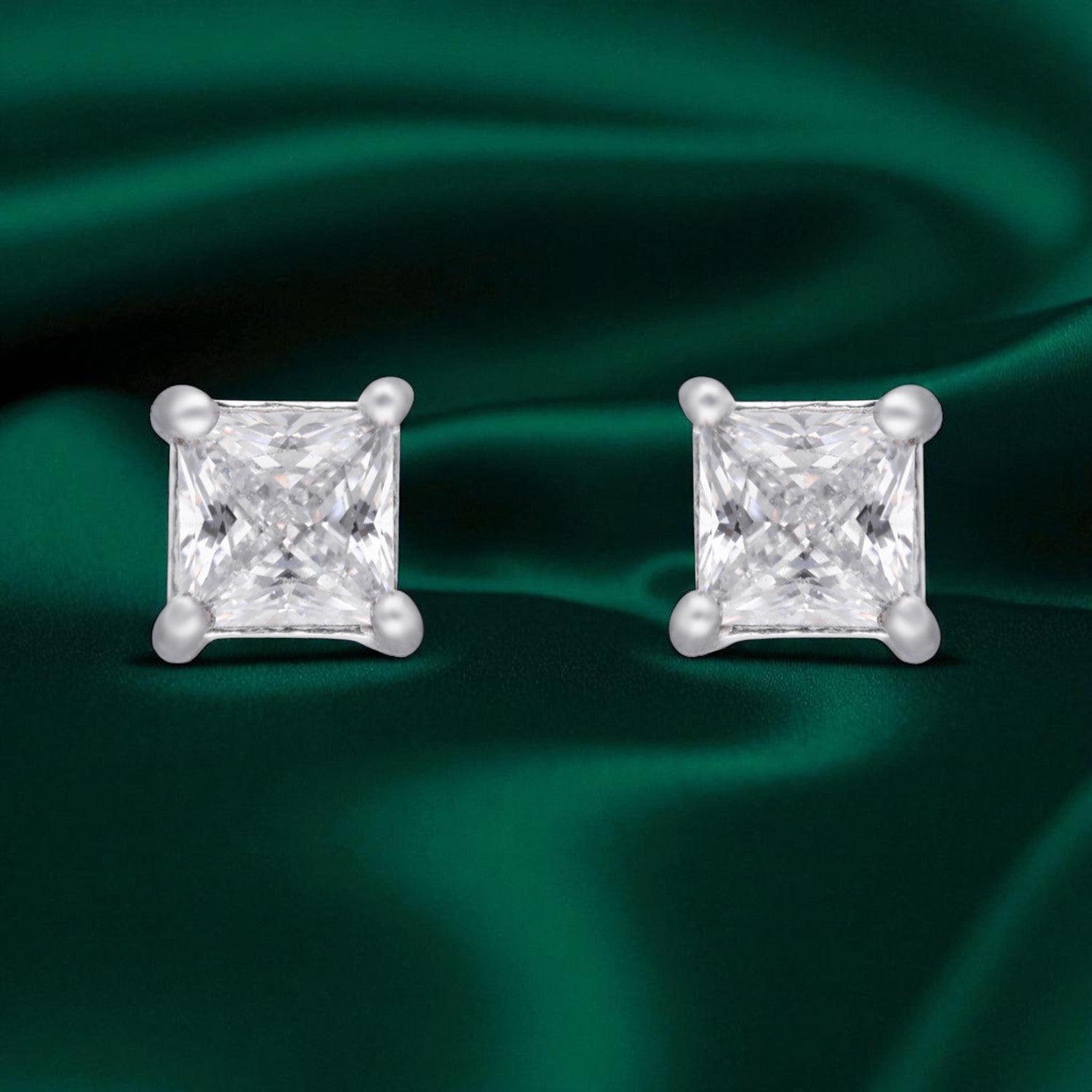 Square Step-Cut Cubic Zirconia Solitaire Stud Earrings in Sterling Silver | SKU : 0022196538, 0022195142, 0003904893