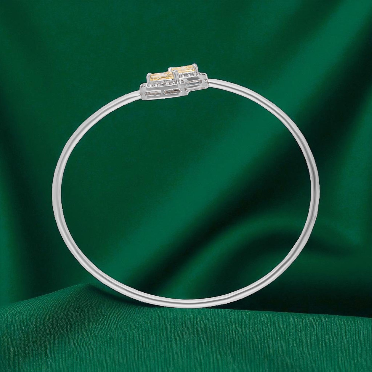 Sterling Silver Dual-Colored Gem Halo Open Bangles with Diamond Accents | SKU : 0022219671, 0022219466, 0003922125