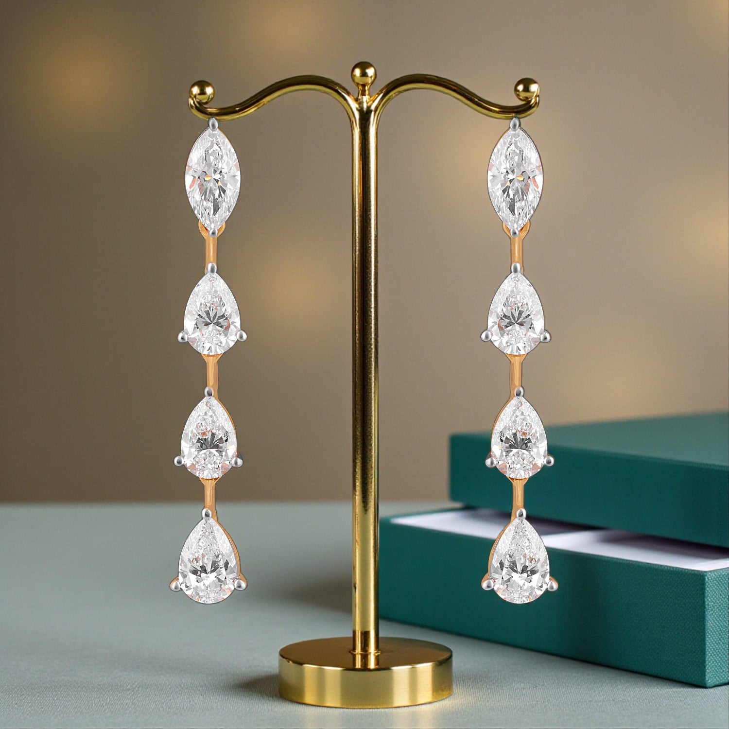 Lab-Grown Marquise and Pear Diamond Drop Earrings in 18K Yellow Gold | SKU : 0004952916